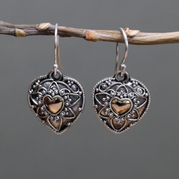 Mandala Hearts Silver & Gold Earrings - Image 3
