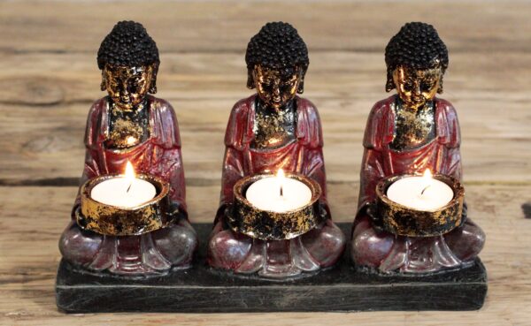 Antique Buddha Three Devotees Candle Holder - Image 2