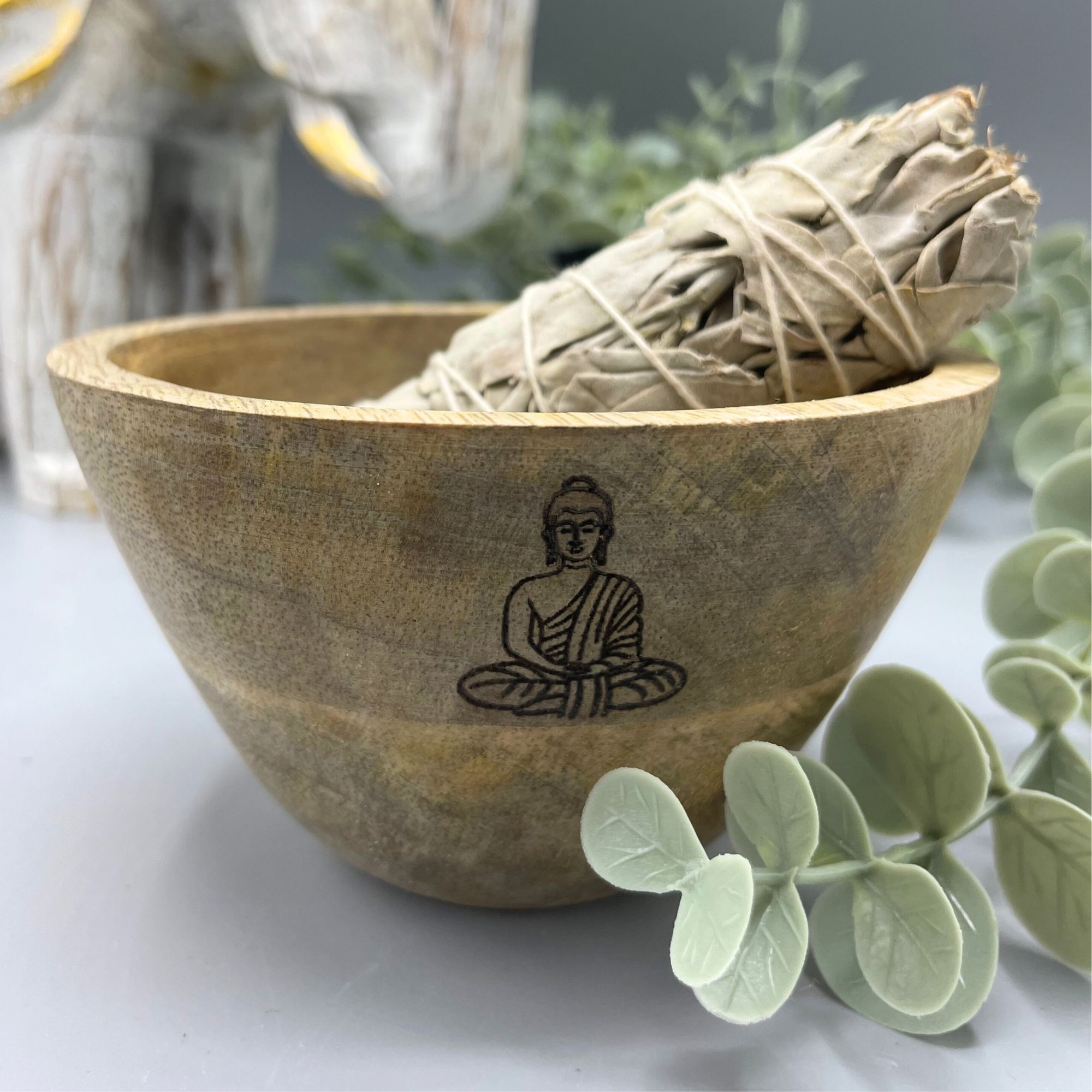 Wooden Smudge and Ritual Offerings Bowl - Buddha - 11x7cm - Image 3