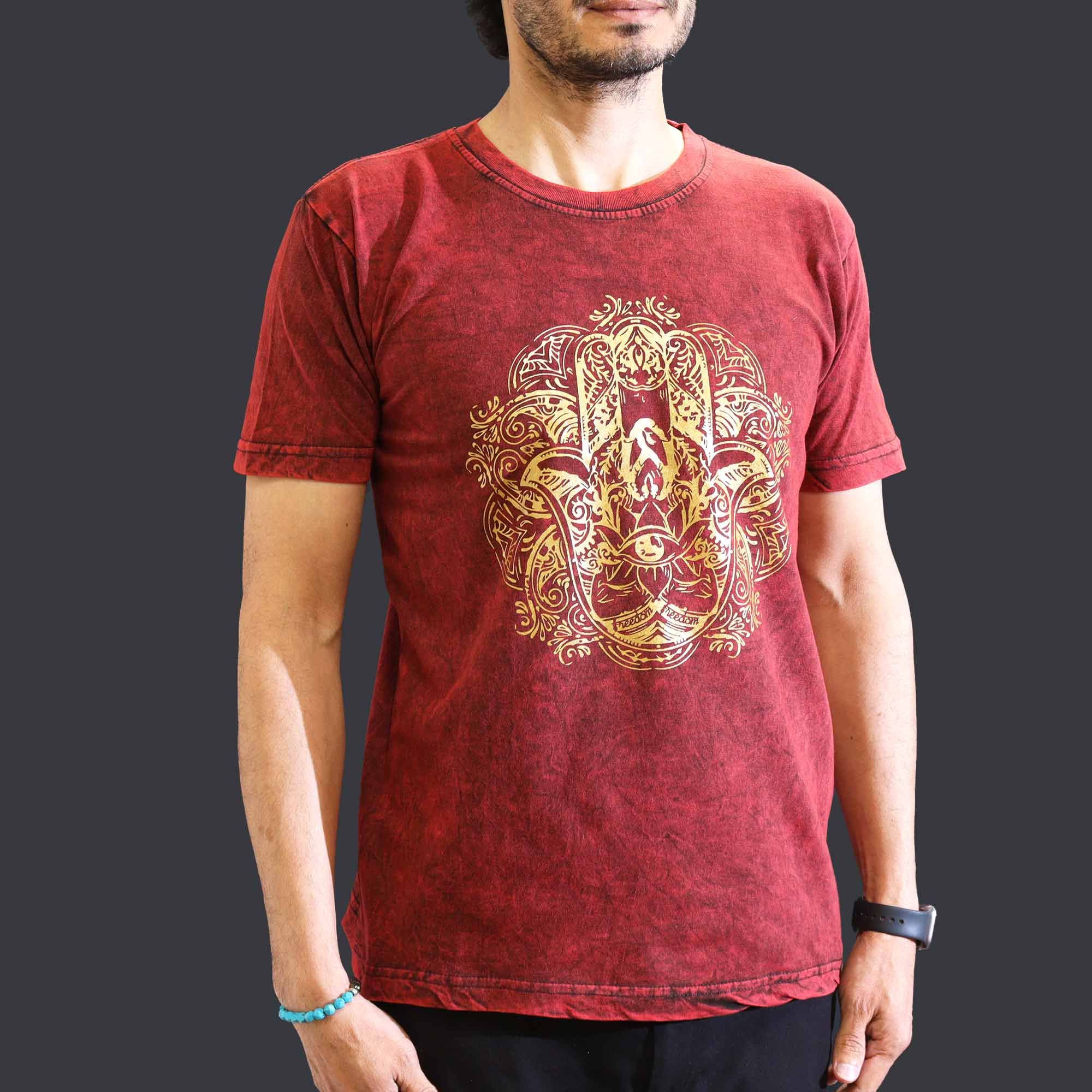 Medium Stone Washed T-Shirt - Hamsa - Maroon - Image 2