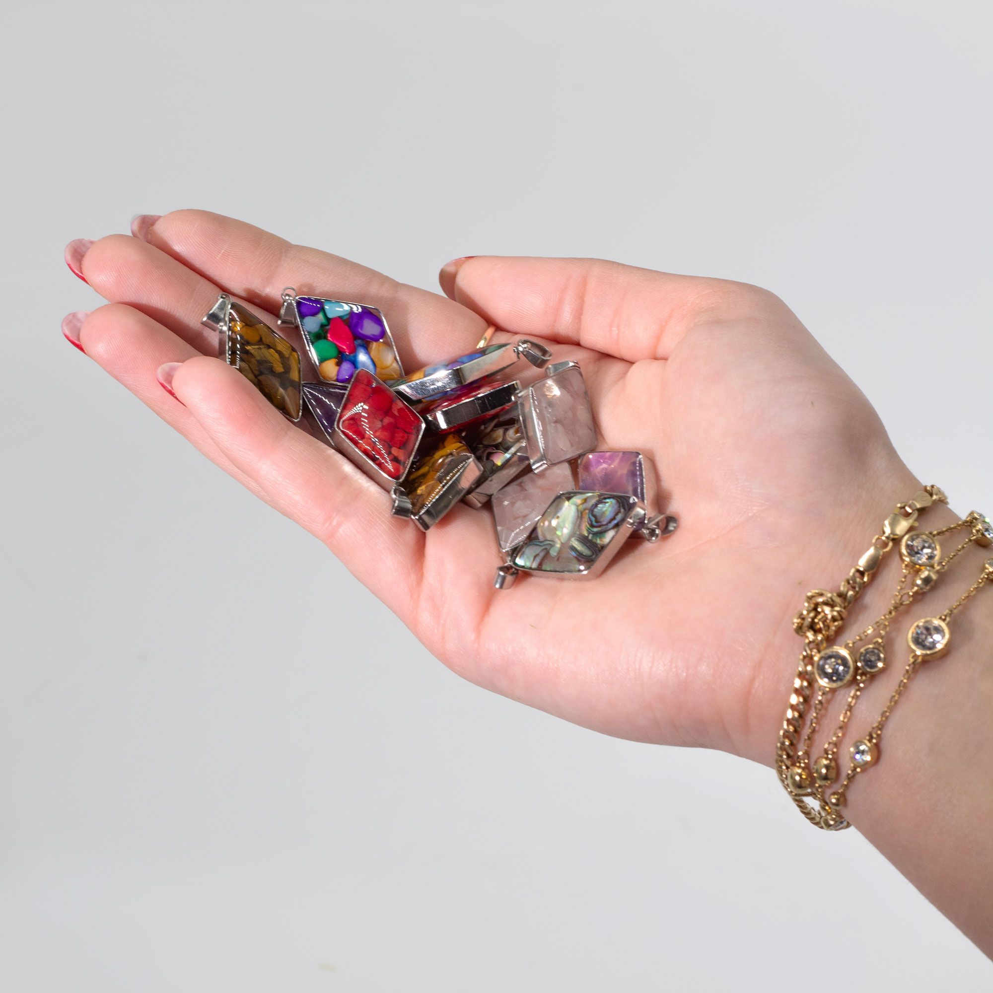 Steel Cased Pendant Diamonds - 12 Assorted Gemstone Chips & Shells - Image 2