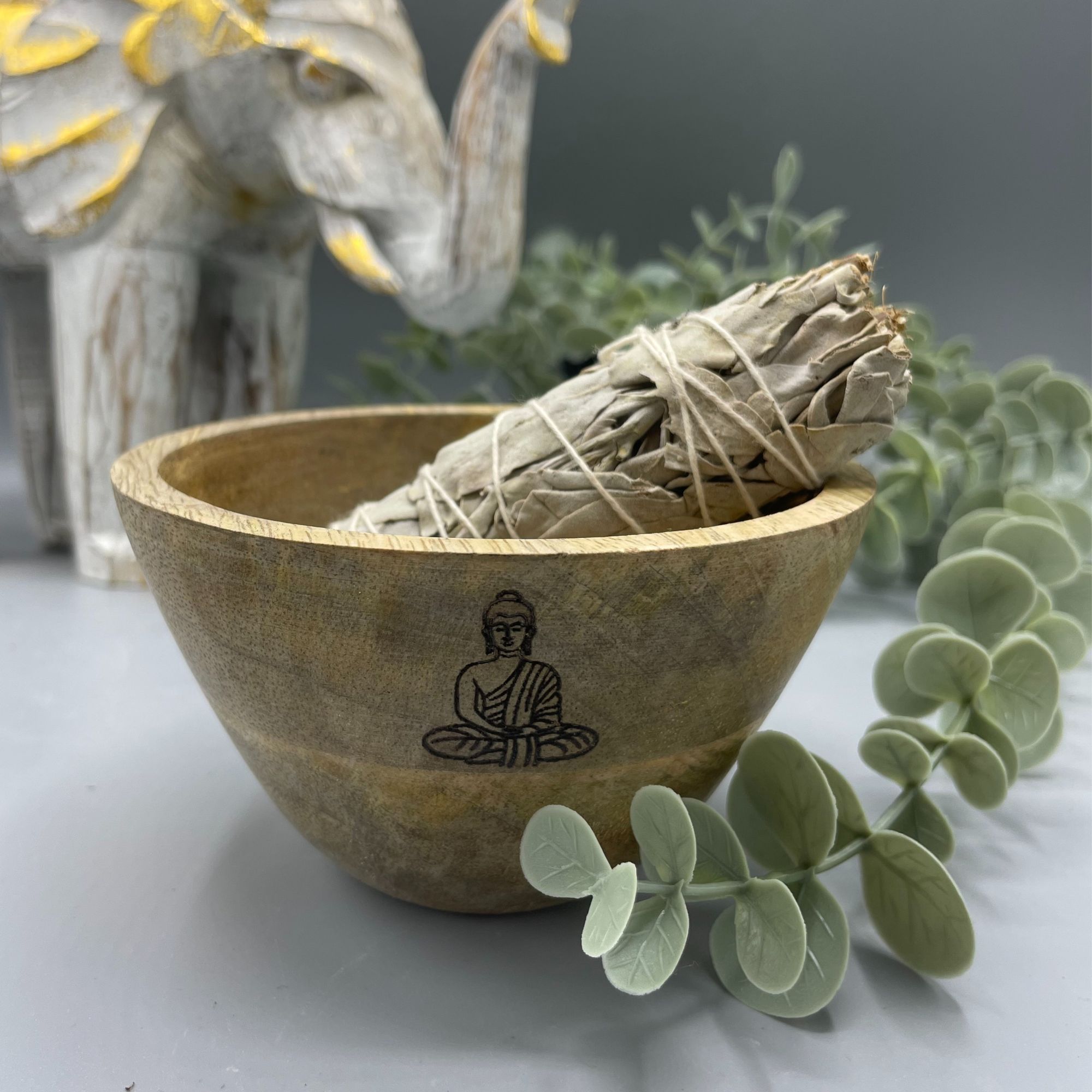 Wooden Smudge and Ritual Offerings Bowl - Buddha - 11x7cm - Image 2
