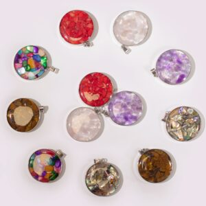 Steel Cased Pendant Round - 12 Assorted Gemstone Chips & Shells