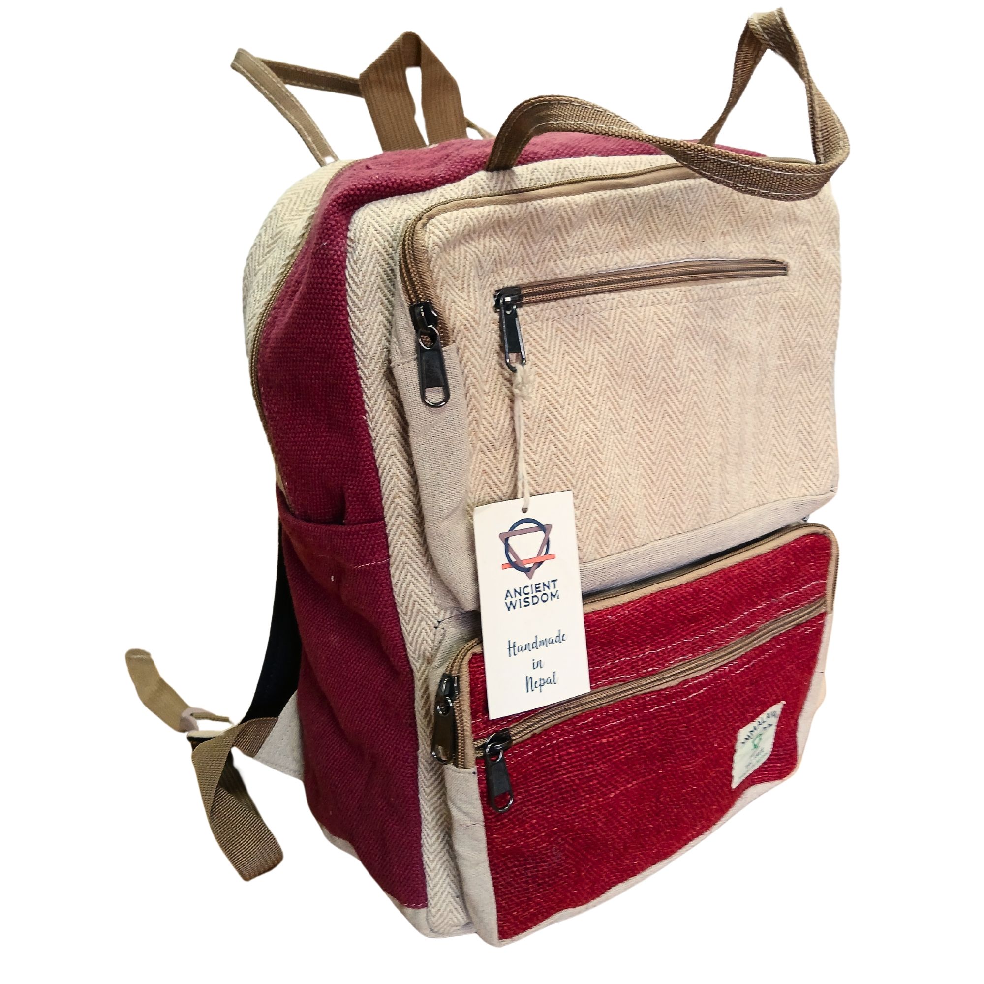 Large Boxy Hemp Backpack - Wine & Cream - Image 2