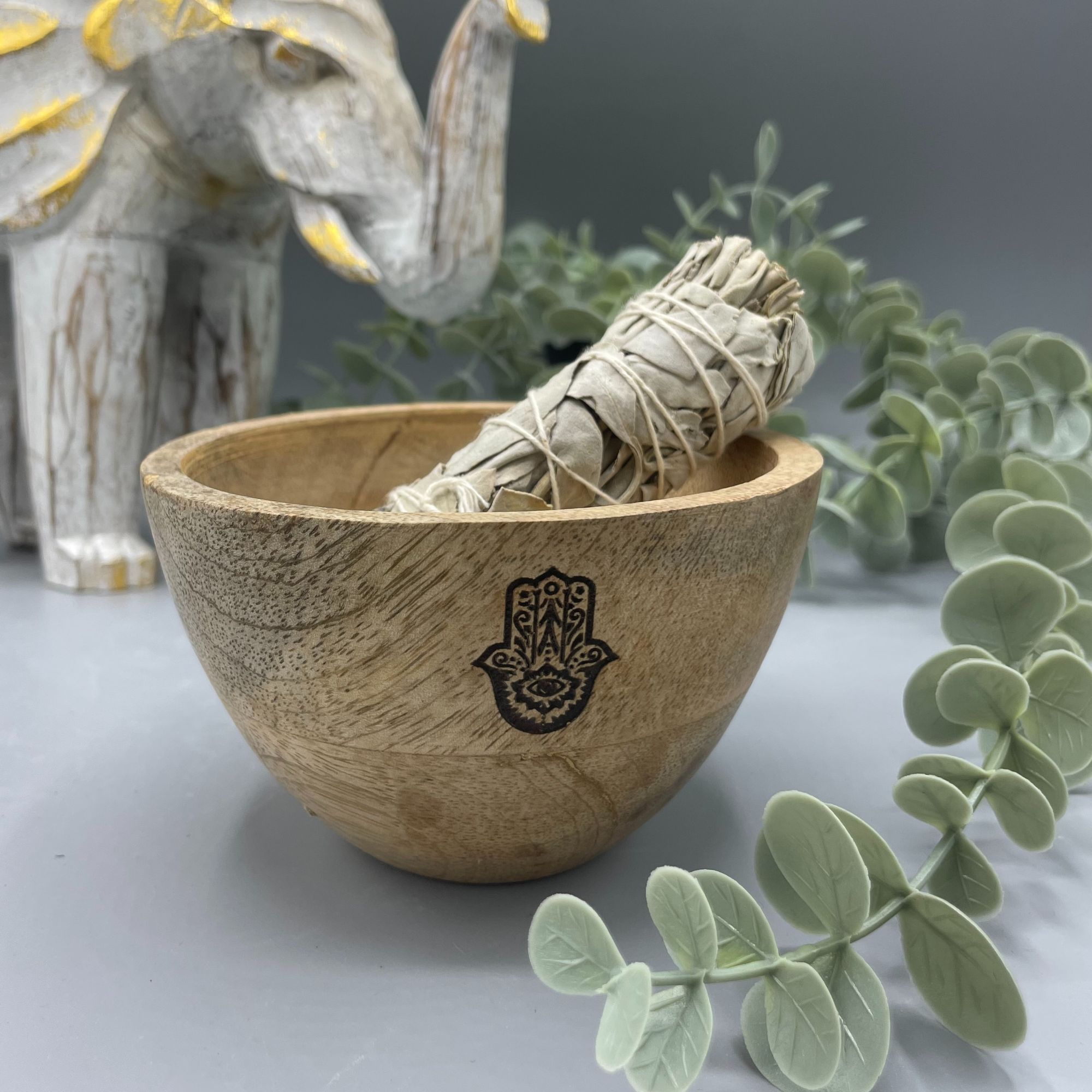 Wooden Smudge and Ritual Offerings Bowl - Hamsa - 11x7cm - Image 2