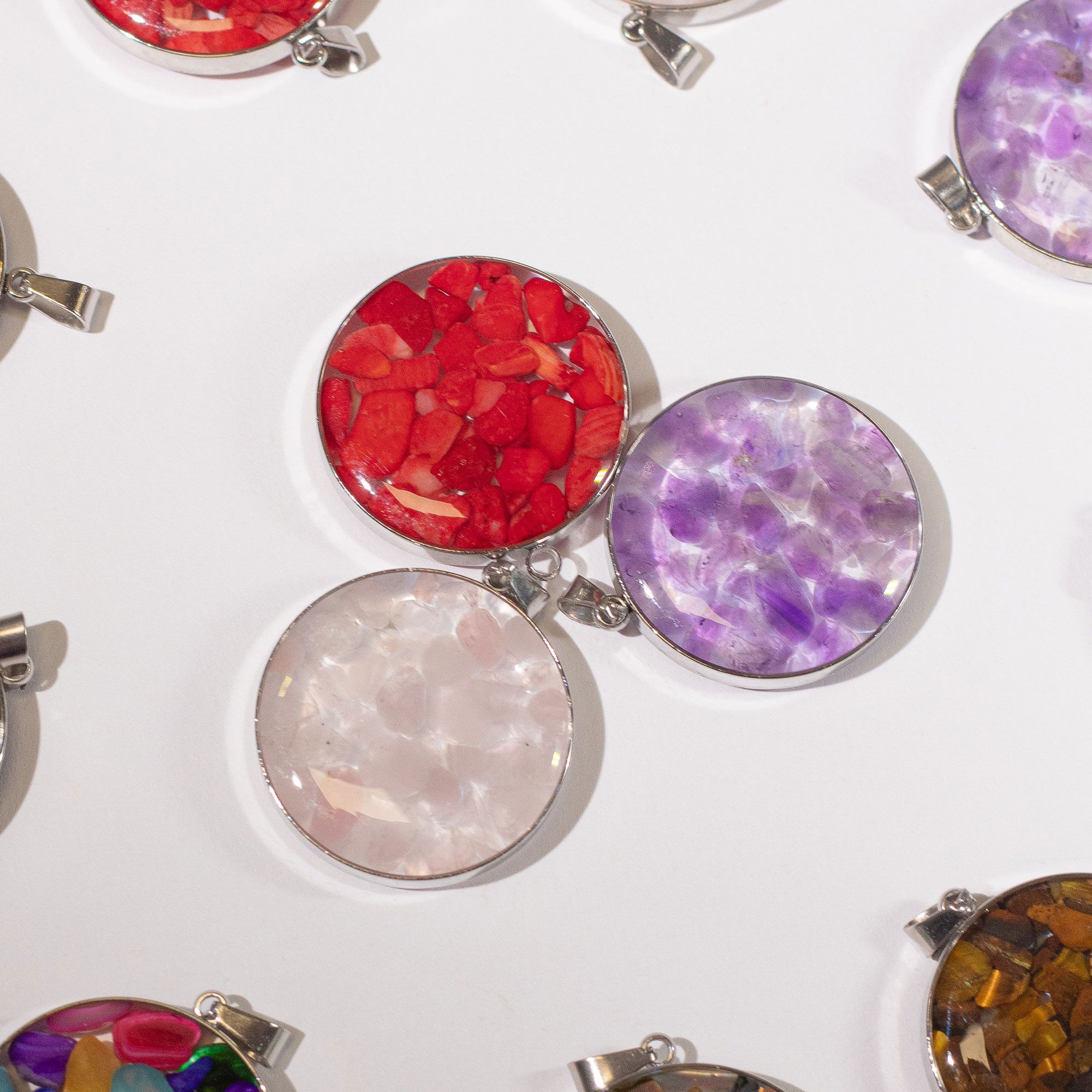 Steel Cased Pendant Round - 12 Assorted Gemstone Chips & Shells - Image 2