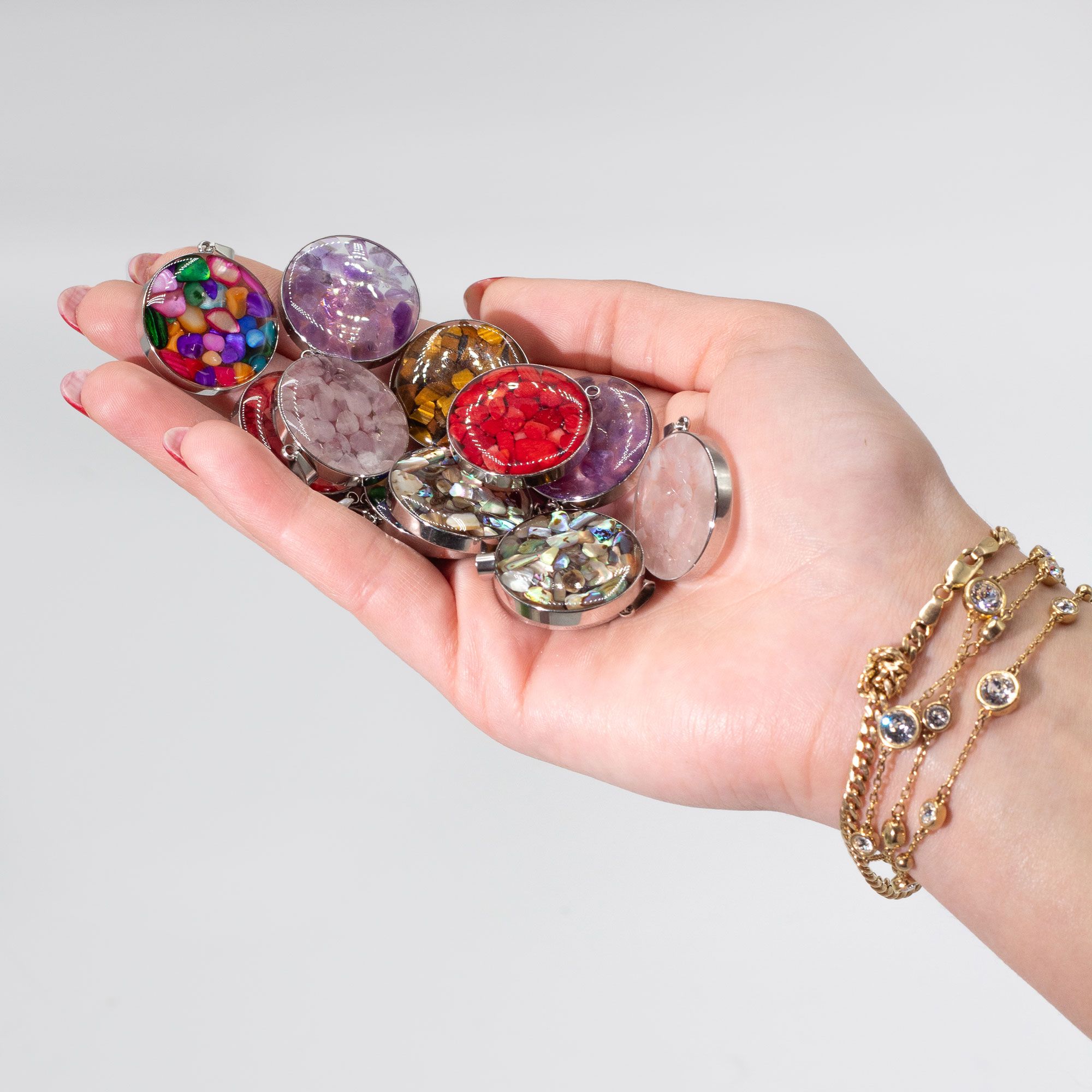 Steel Cased Pendant Round - 12 Assorted Gemstone Chips & Shells - Image 3