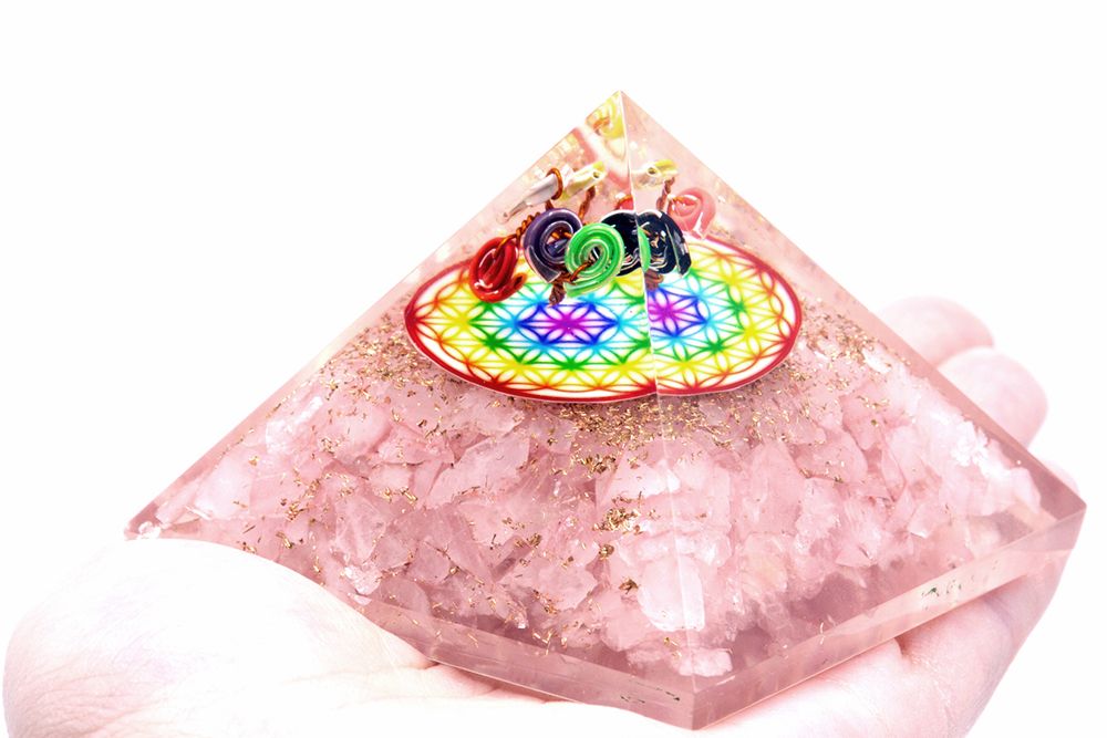 Orgonite Pyramid - Rose Quartz Rainbow Flower of Life - 70 mm - Image 2