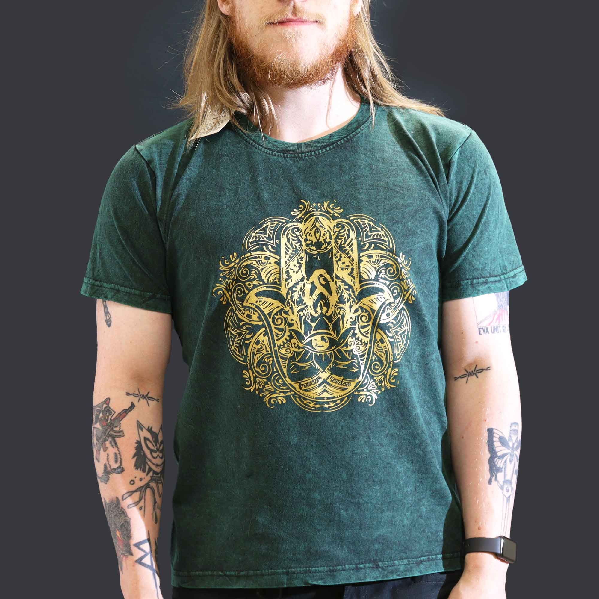 Large Stone Washed T-Shirt - Hamsa - Green - Image 2