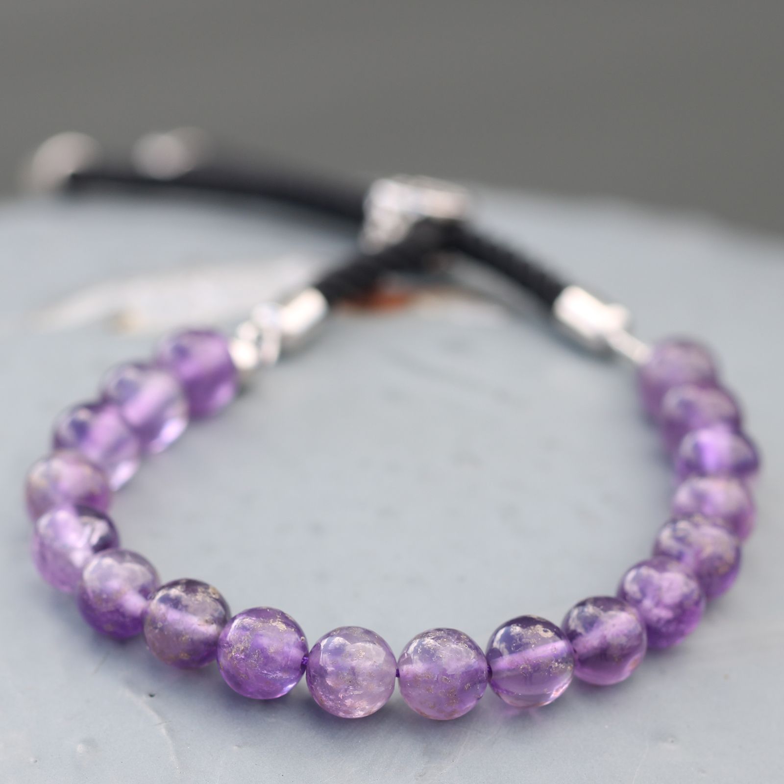 925 Silver Plated Gemstone Black String Bracelet - Amethyst - Image 3