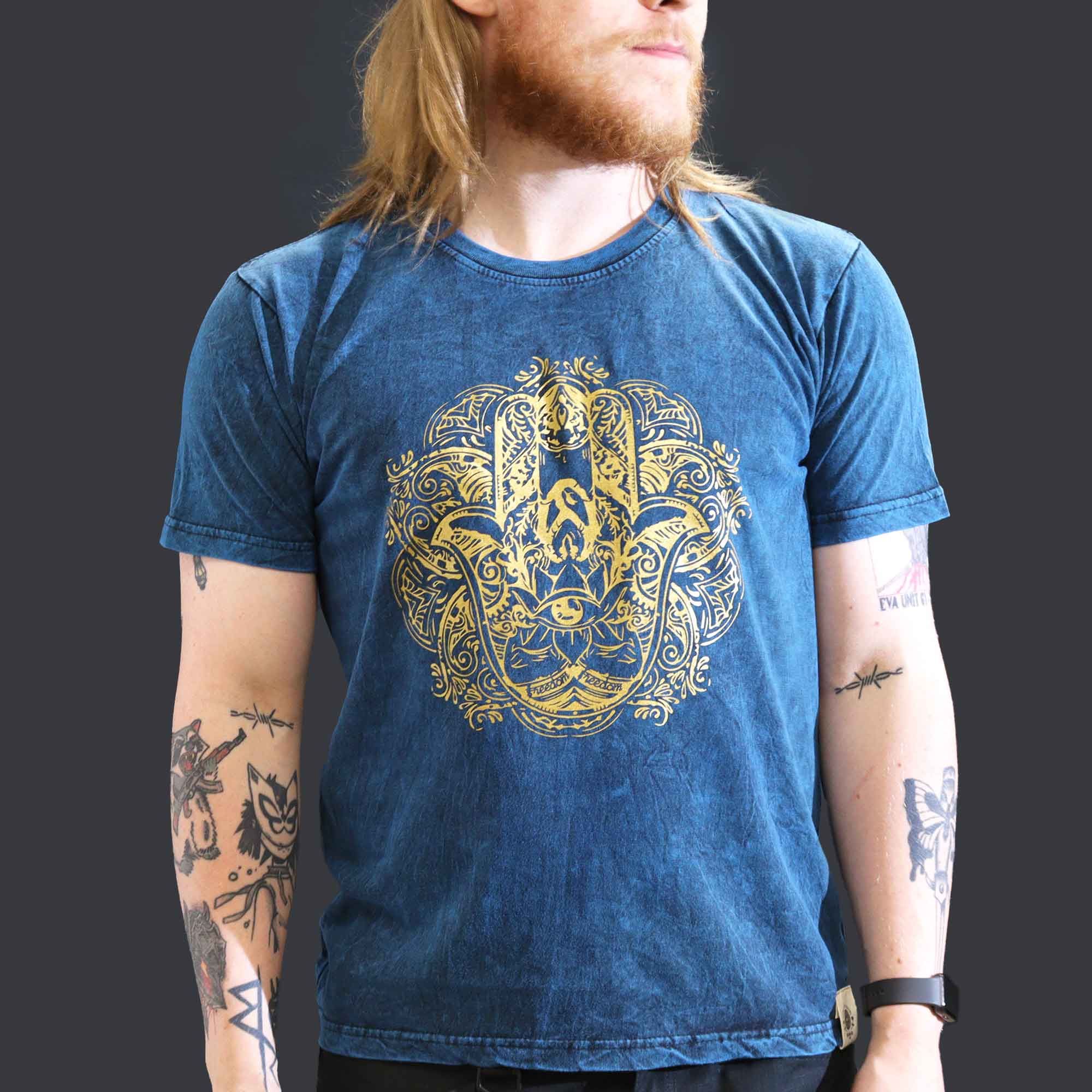 Large Stone Washed T-Shirt - Hamsa - Blue - Image 2