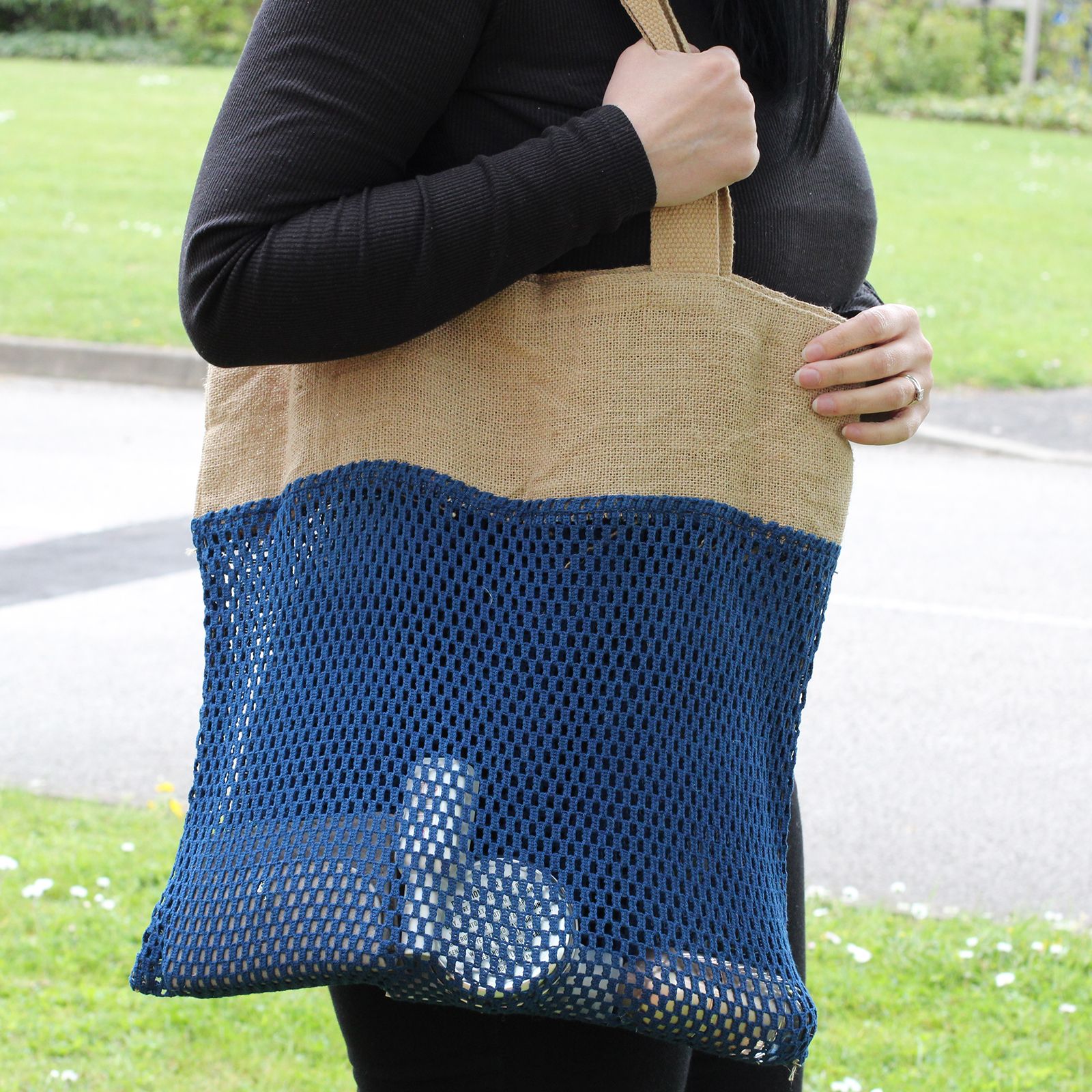 Pure Soft Jute and Cotton Mesh Bag - Denim - Image 3