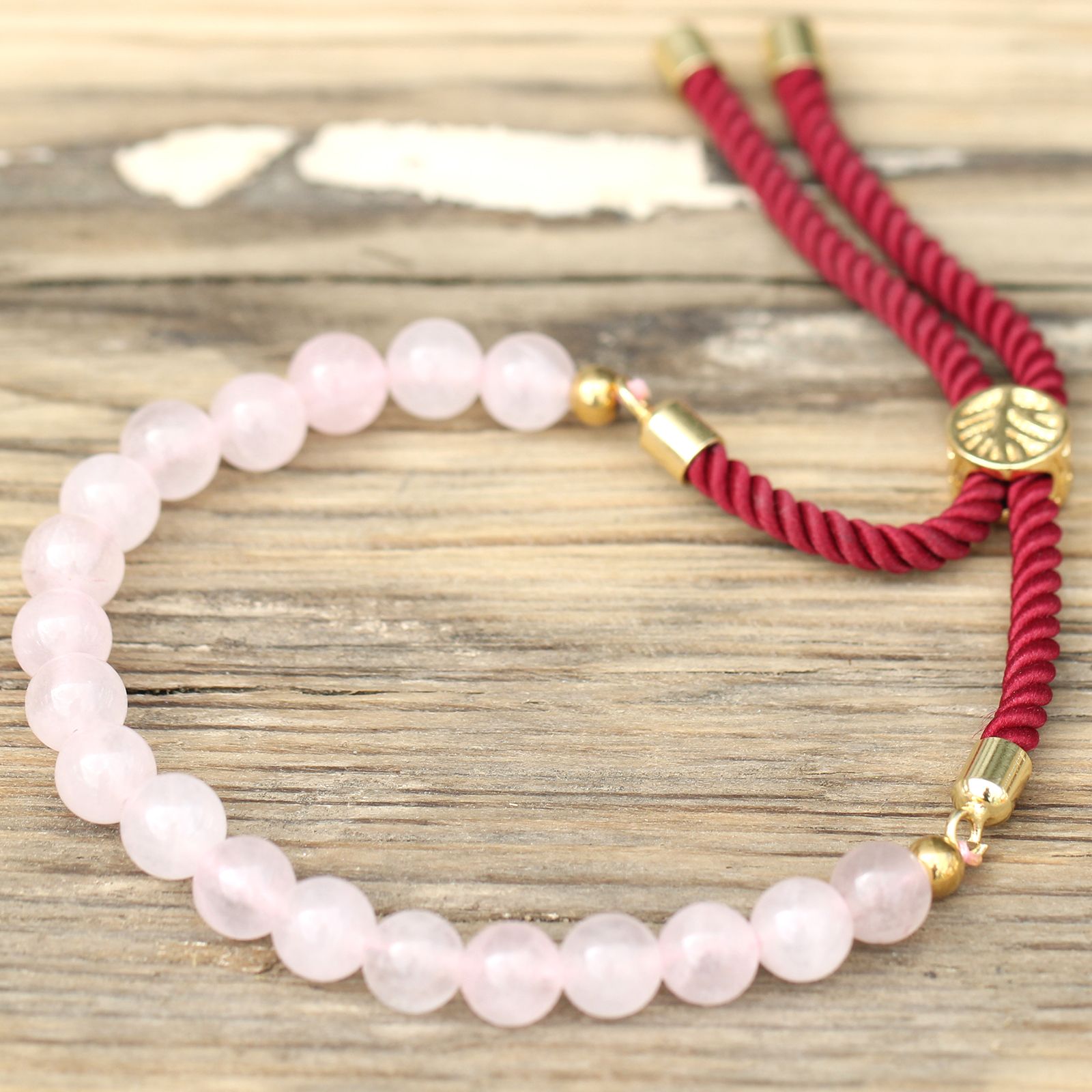 18K Gold Plated Gemstone Bordeaux String Bracelet - Rose Quartz - Image 2