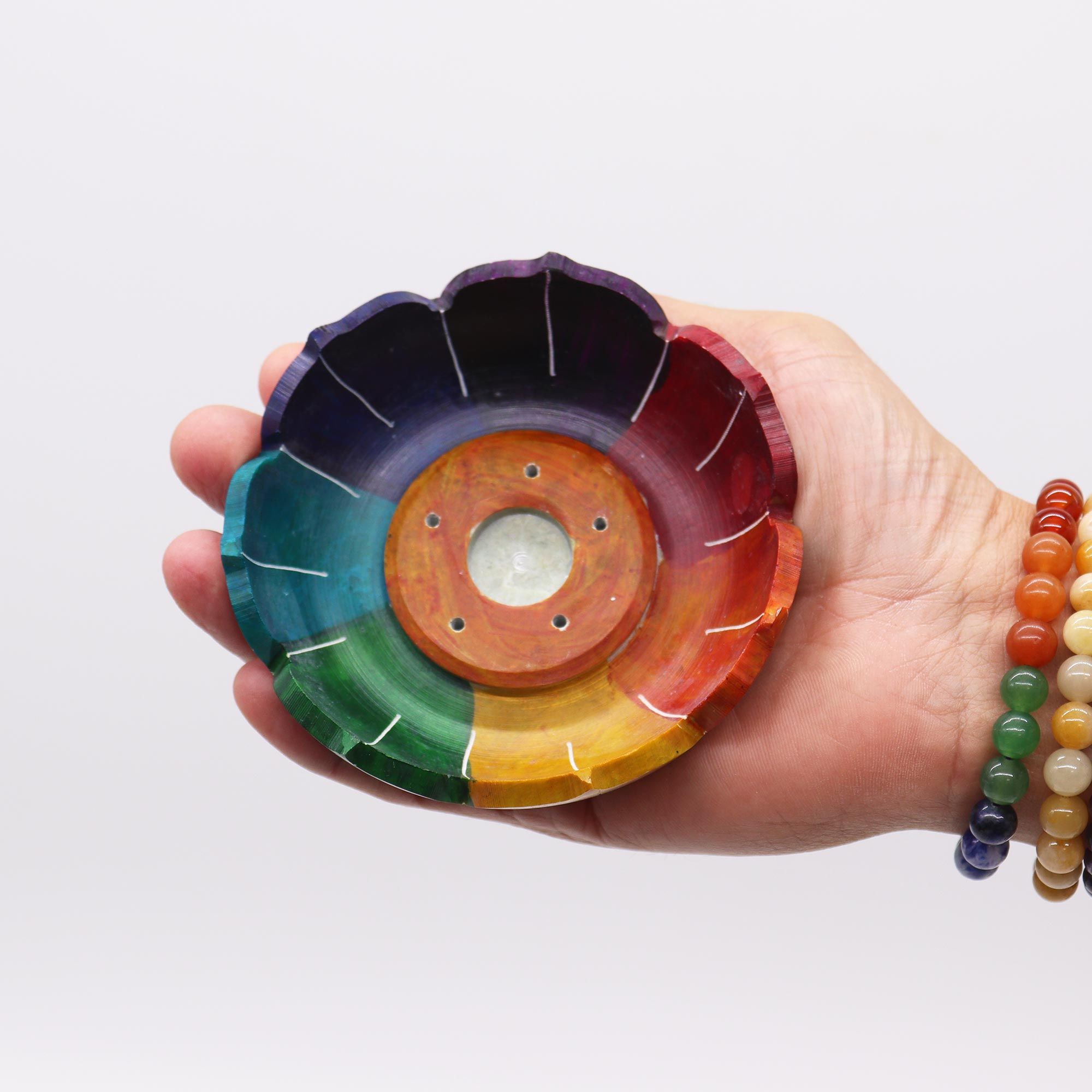Soapstone Lotus Flower Incense Holder - Chakra Colours - Image 2