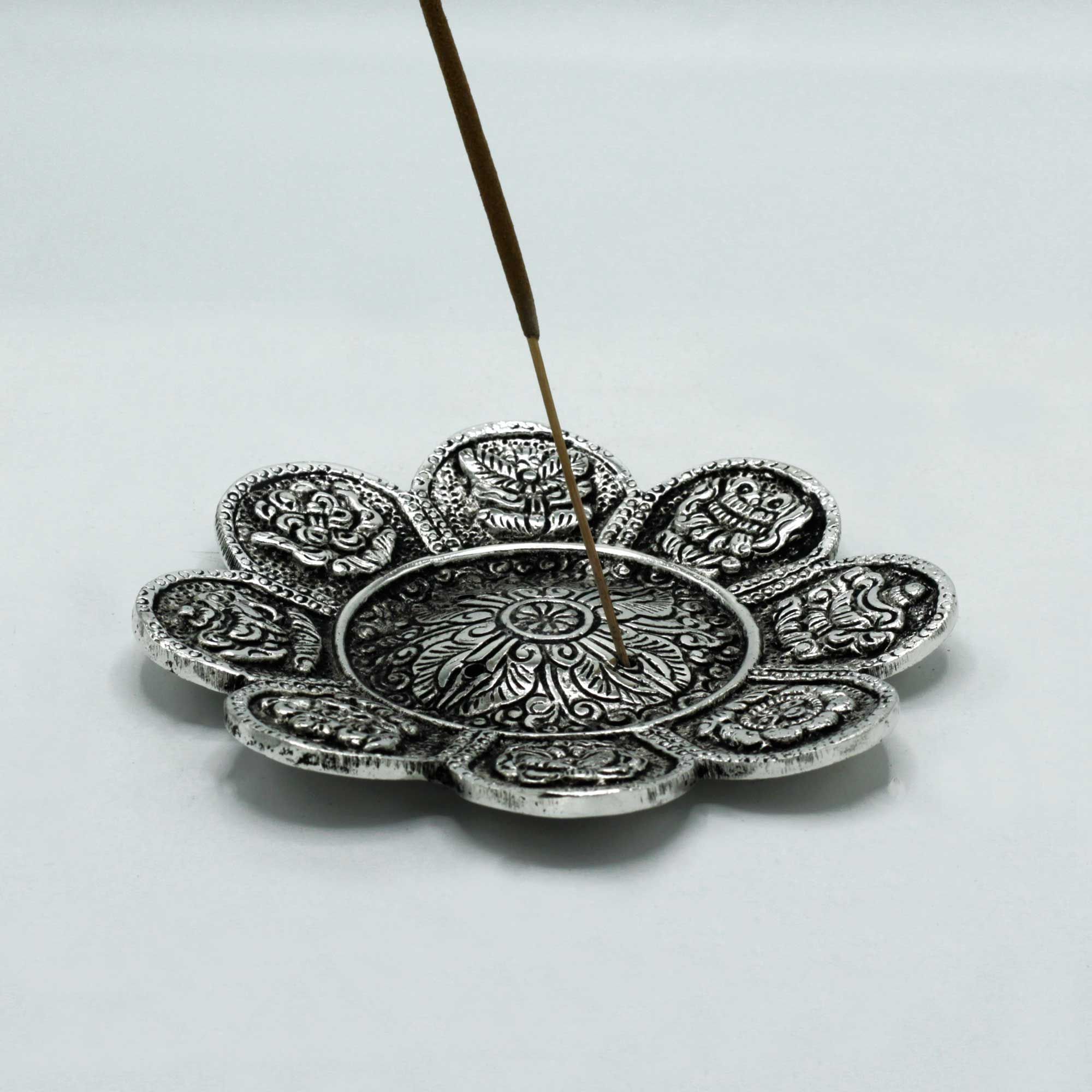 Polished Aluminium Tibetan Symbols Incense Holder 12cm - Image 2