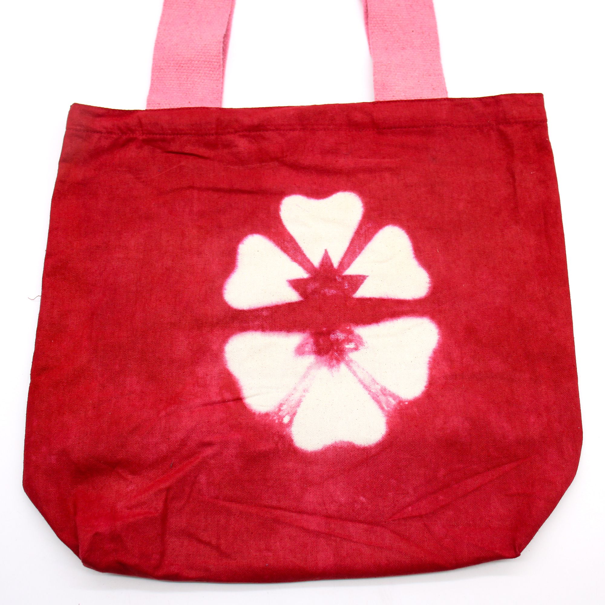 Natural Tye-Dye Cotton Bag (8oz) - 38x42x12cm - Maroon Flower - Pink Handle - Image 3