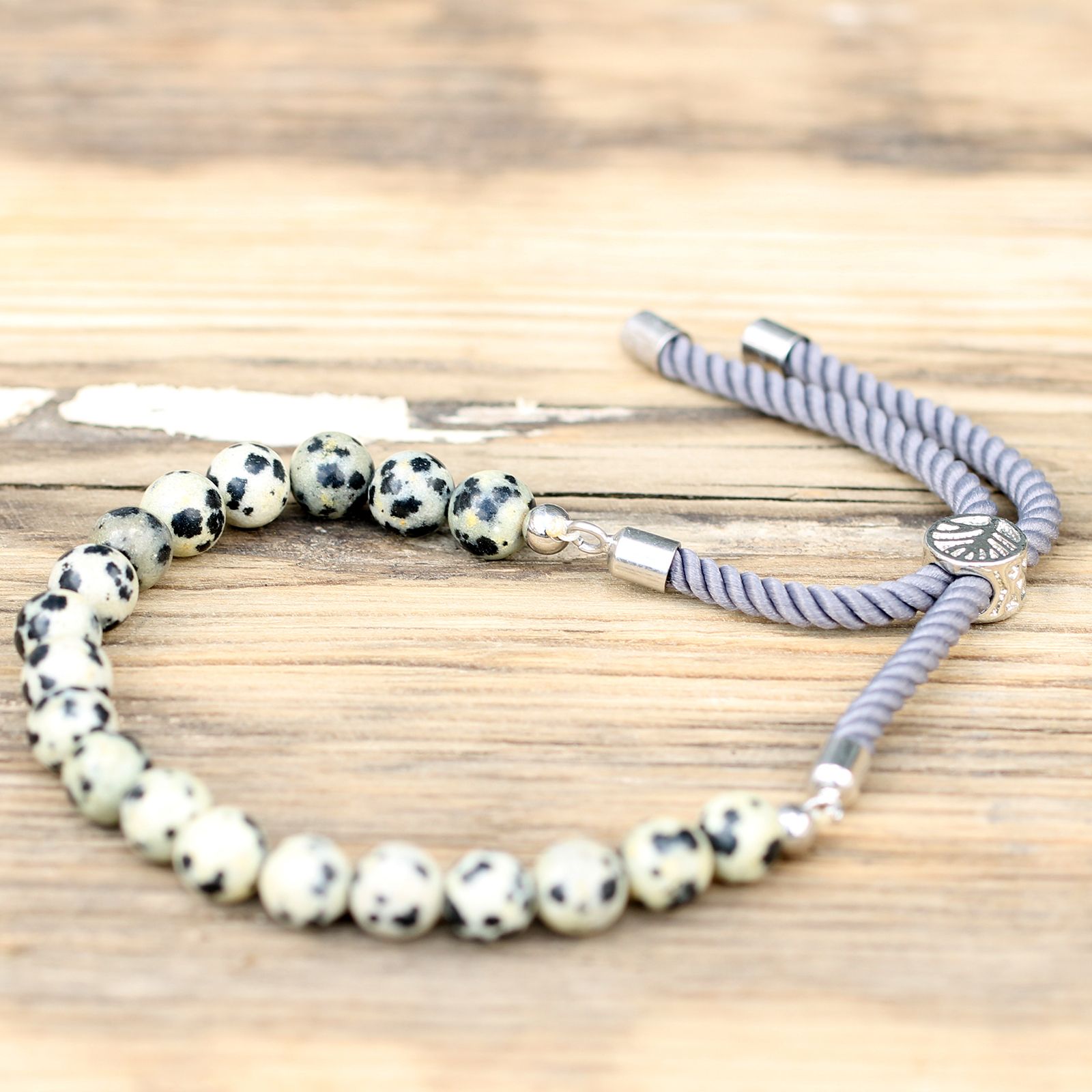 925 Silver Plated Gemstone Charcoal String Bracelet - Dalmatian Jasper - Image 3