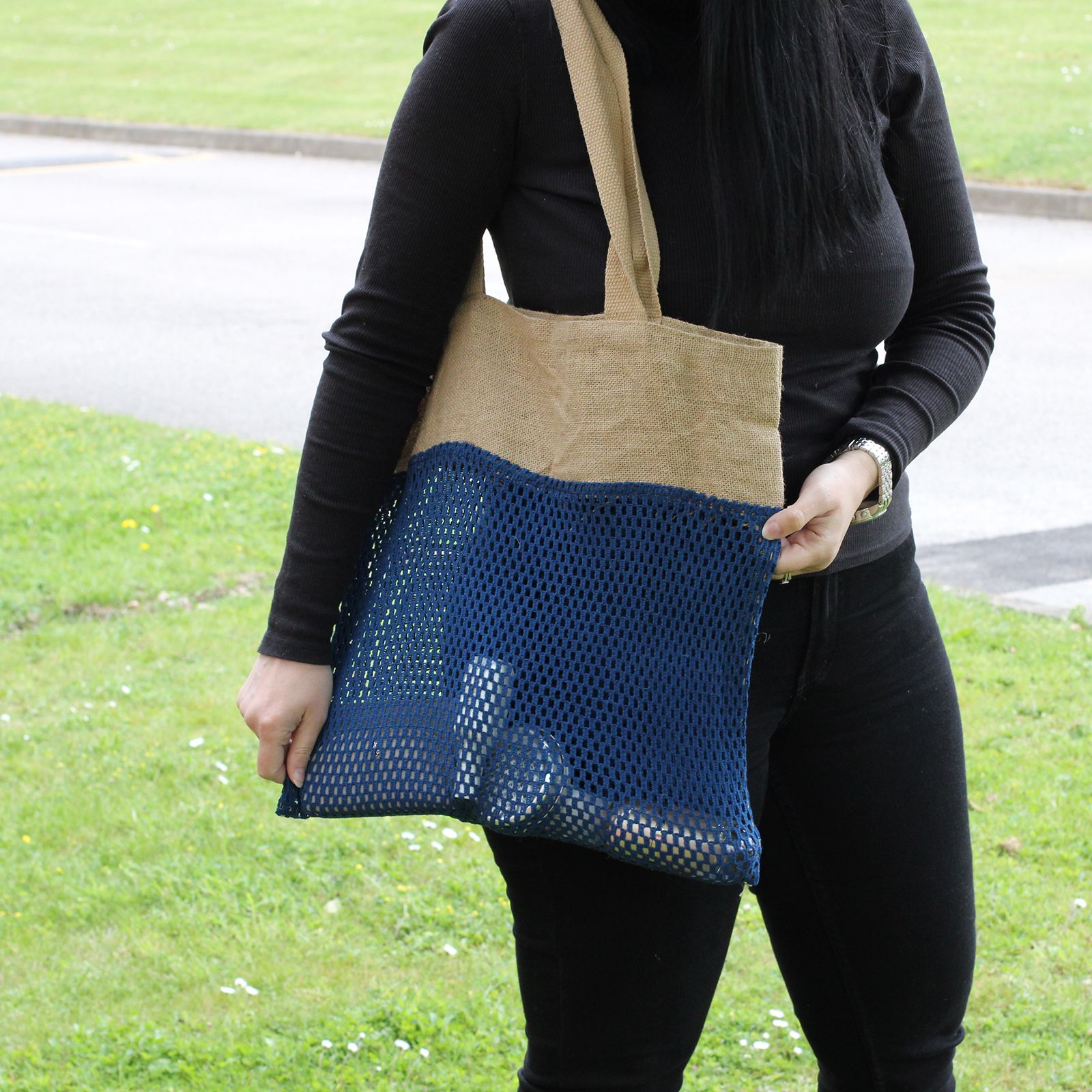 Pure Soft Jute and Cotton Mesh Bag - Denim - Image 4