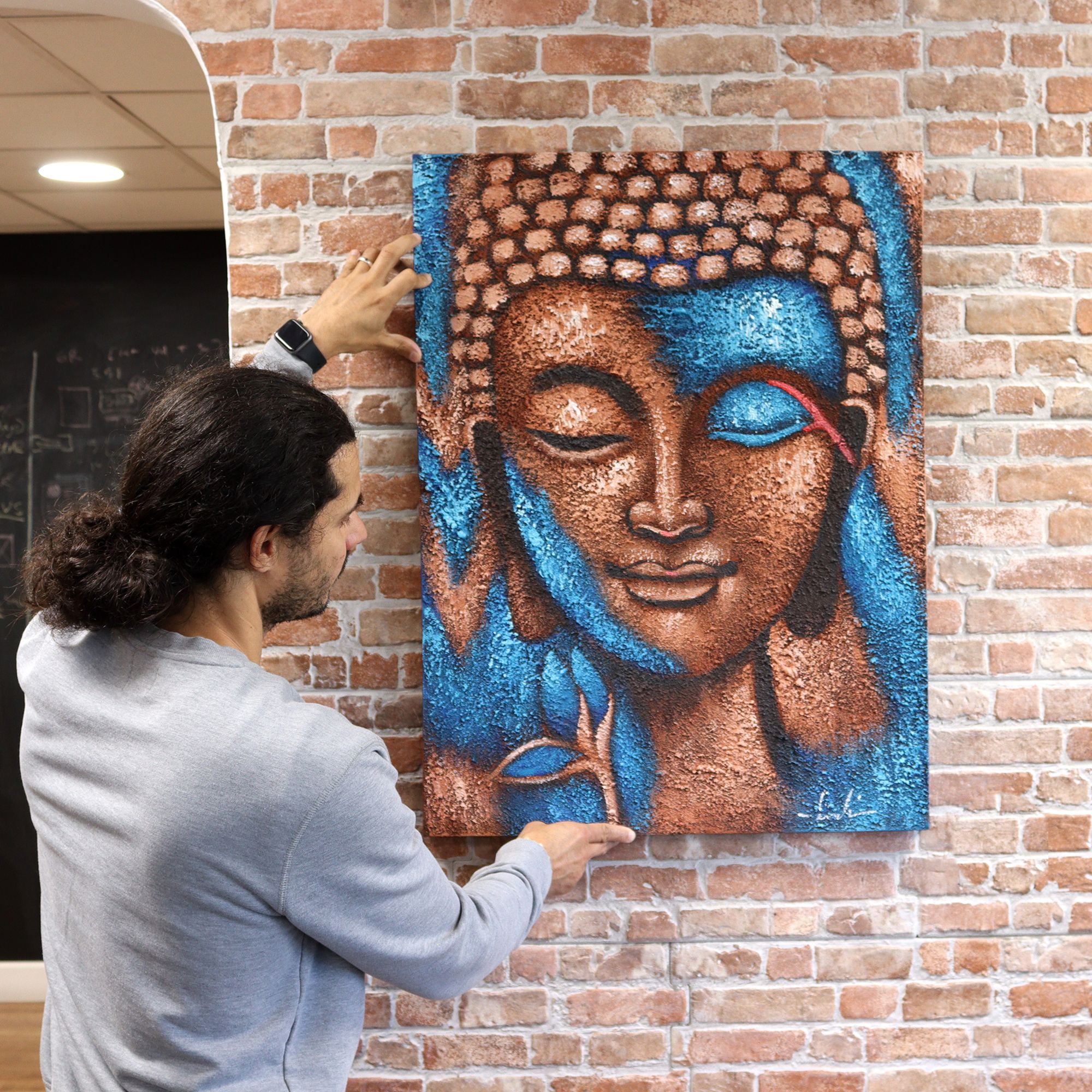 Buddha Painting - Blue & Gold Flower 75x55cm - Image 3