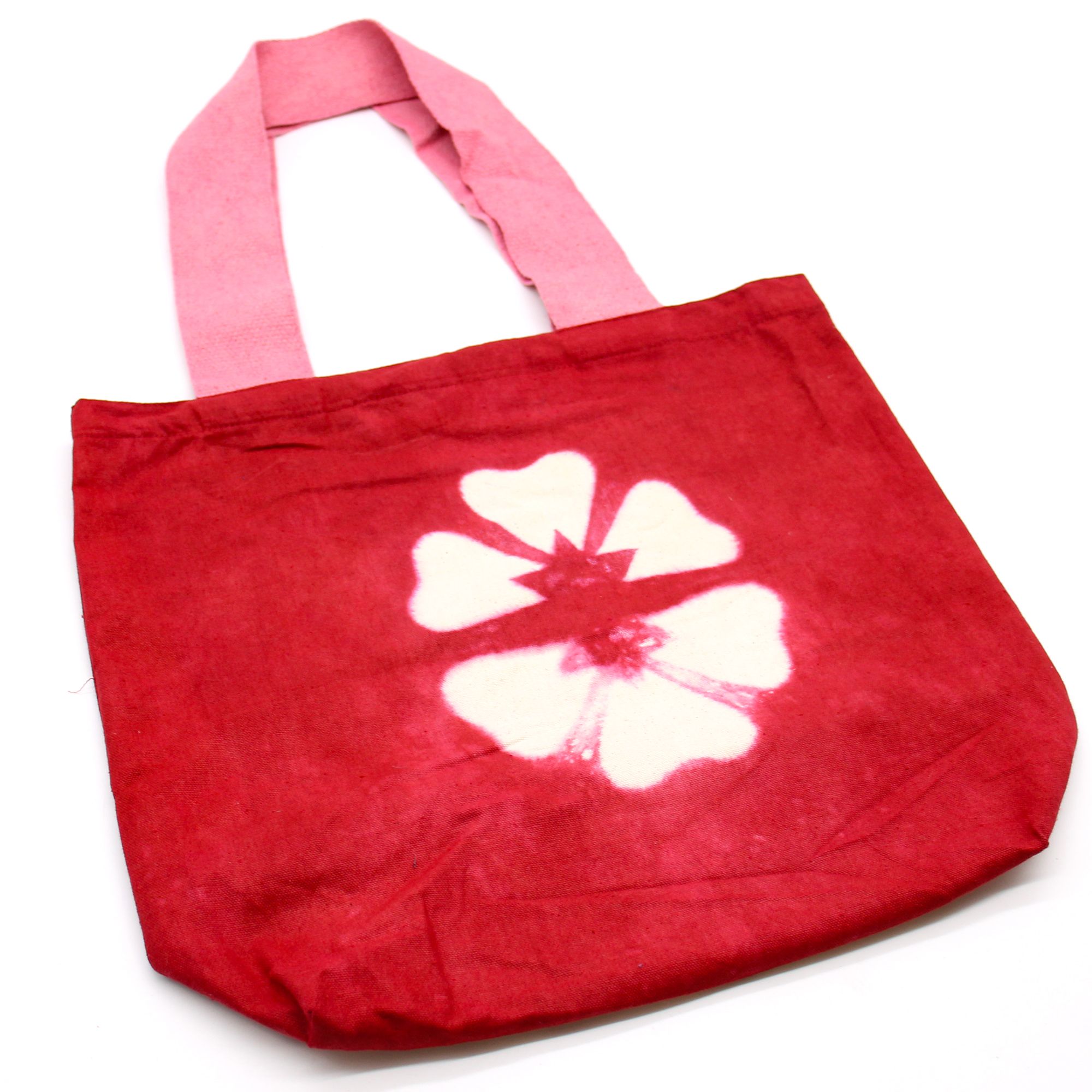Natural Tye-Dye Cotton Bag (8oz) - 38x42x12cm - Maroon Flower - Pink Handle - Image 4
