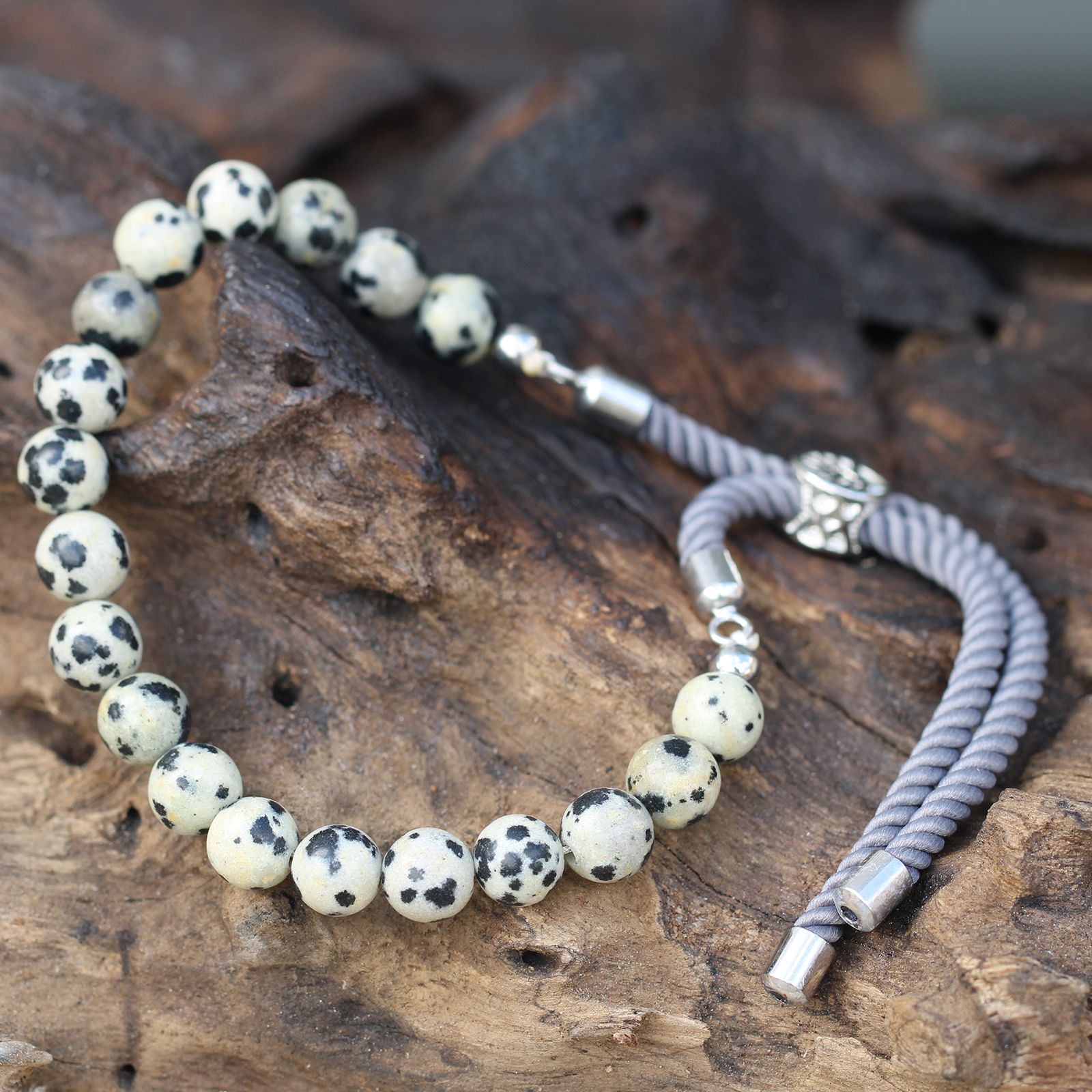 925 Silver Plated Gemstone Charcoal String Bracelet - Dalmatian Jasper - Image 4