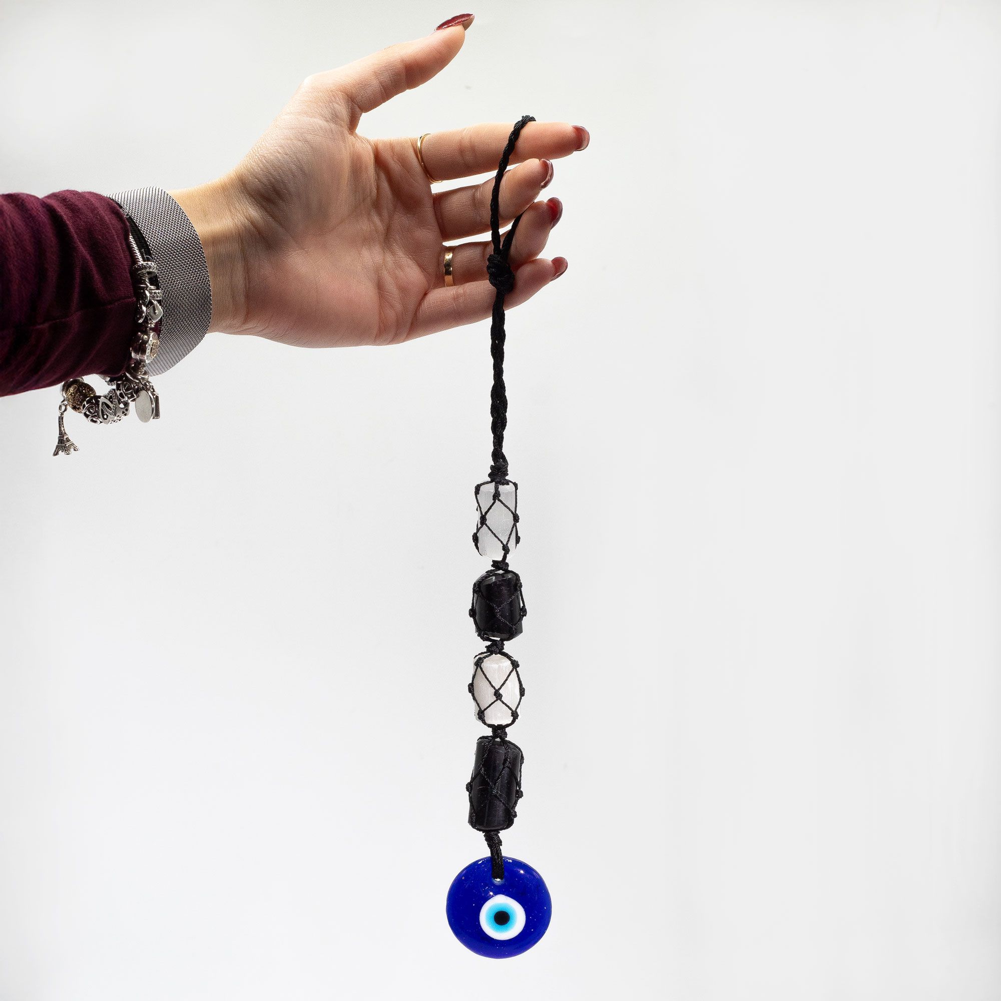 Hanging Stone Pendant - Black Torrmaline & Selonite Tumble- Evil Eye - Image 2