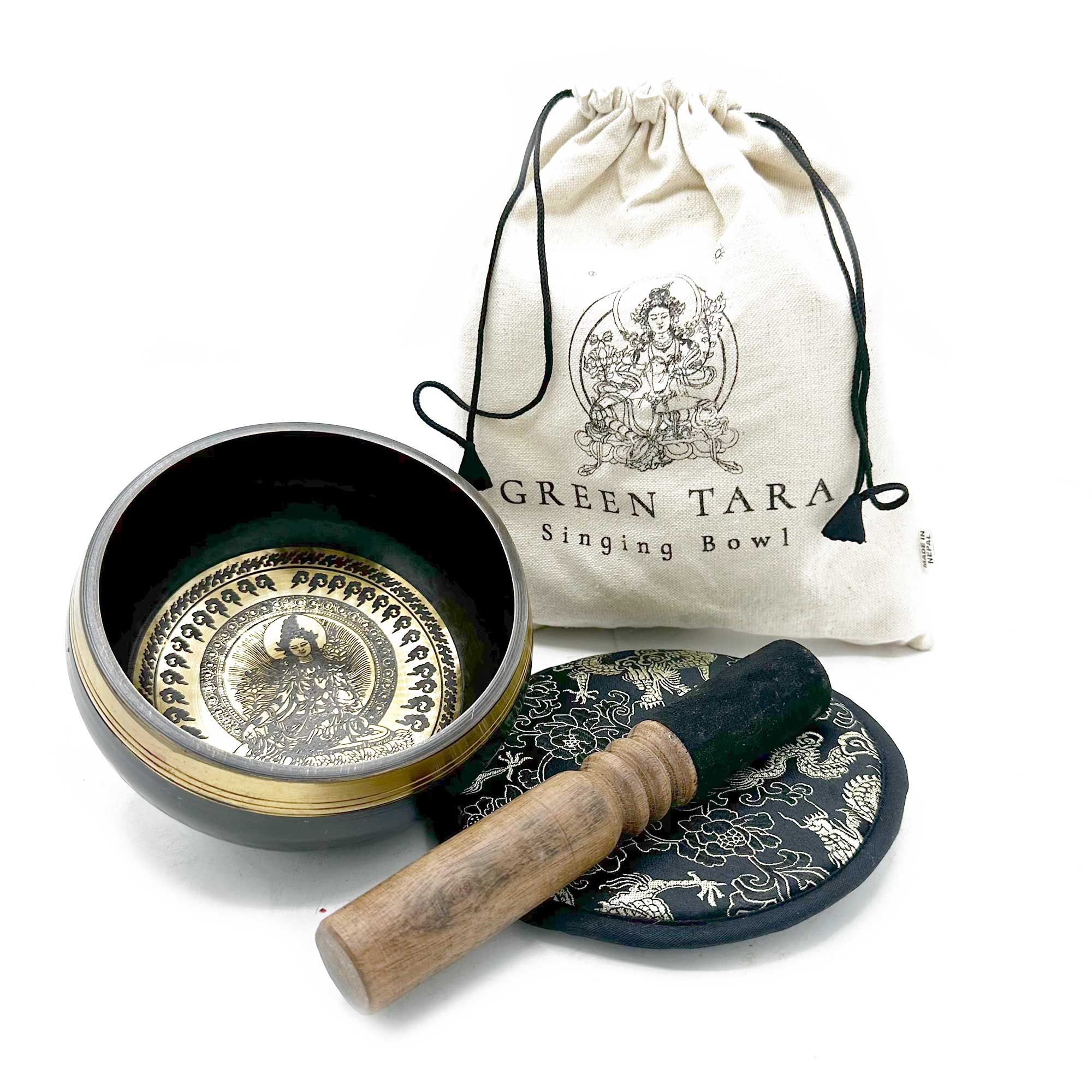 Hand Beaten & Engraved Singing Bowl Gift Set - 14cm - Green Tara - Image 4