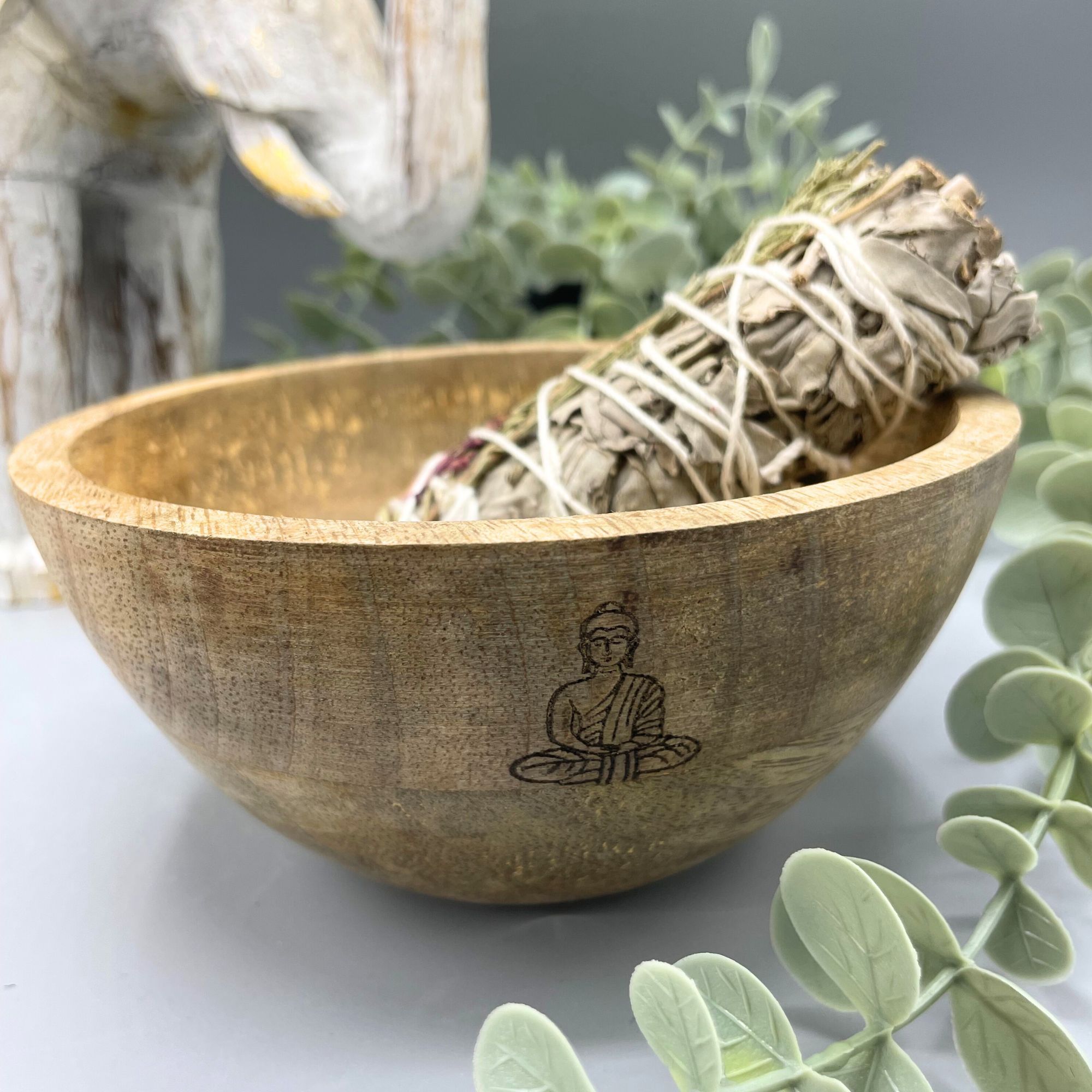 Wooden Smudge and Ritual Offerings Bowl - Buddha - 13x7cm - Image 2