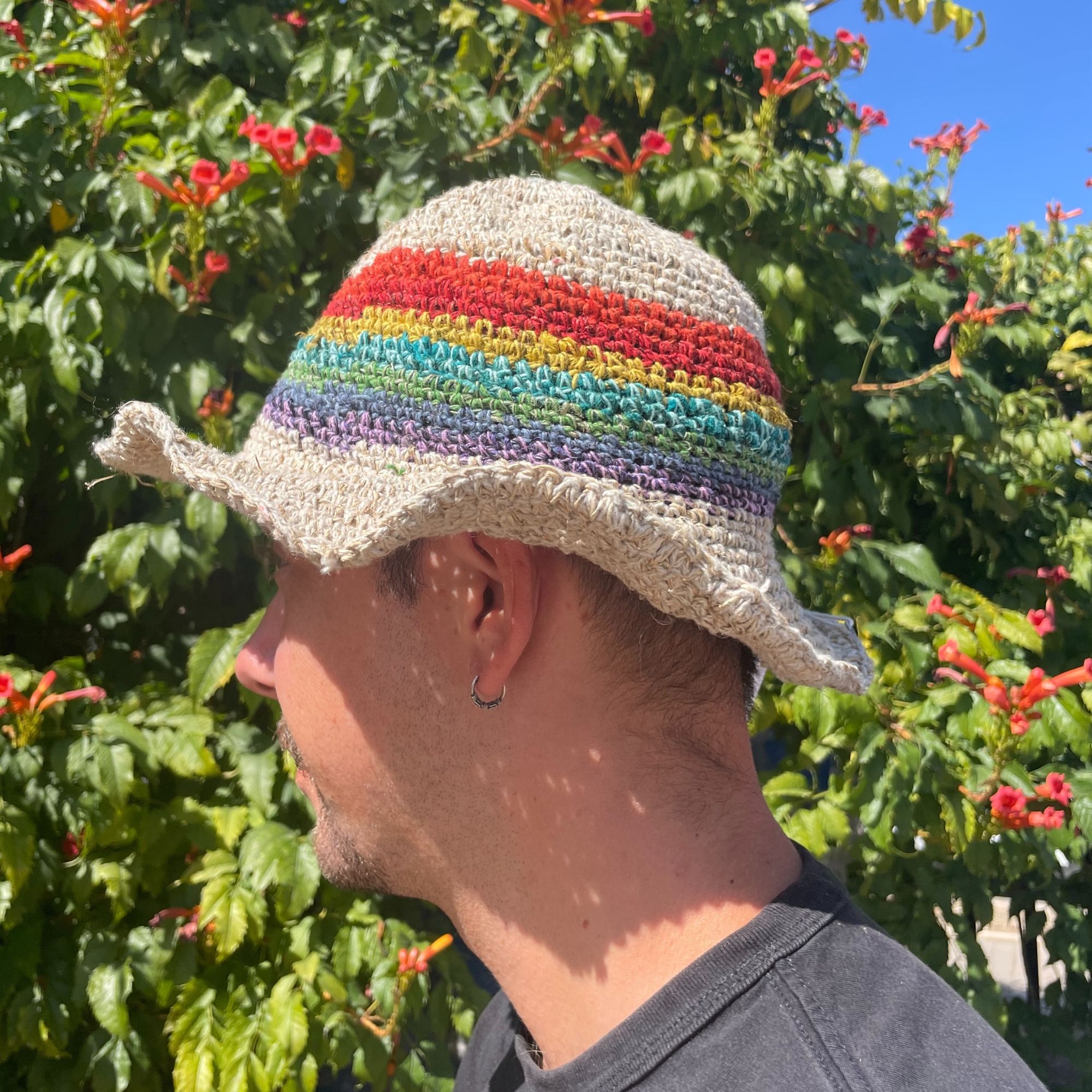 Hand-Knited Hemp & Cotton Boho Festival Hat - Rainbow - Image 2
