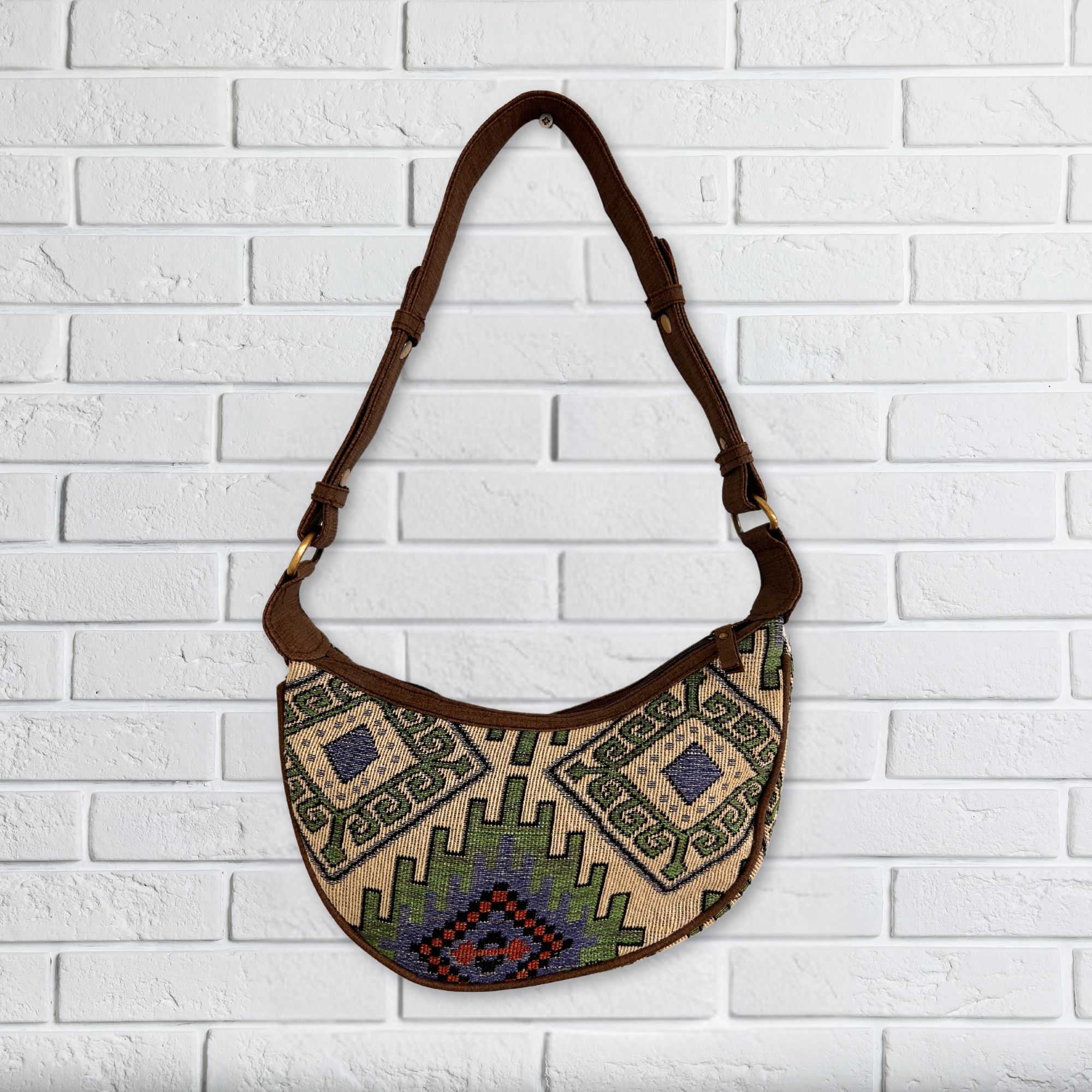 Jacquard Hobo Bag - Geo-Geen (brown strap) - Image 3