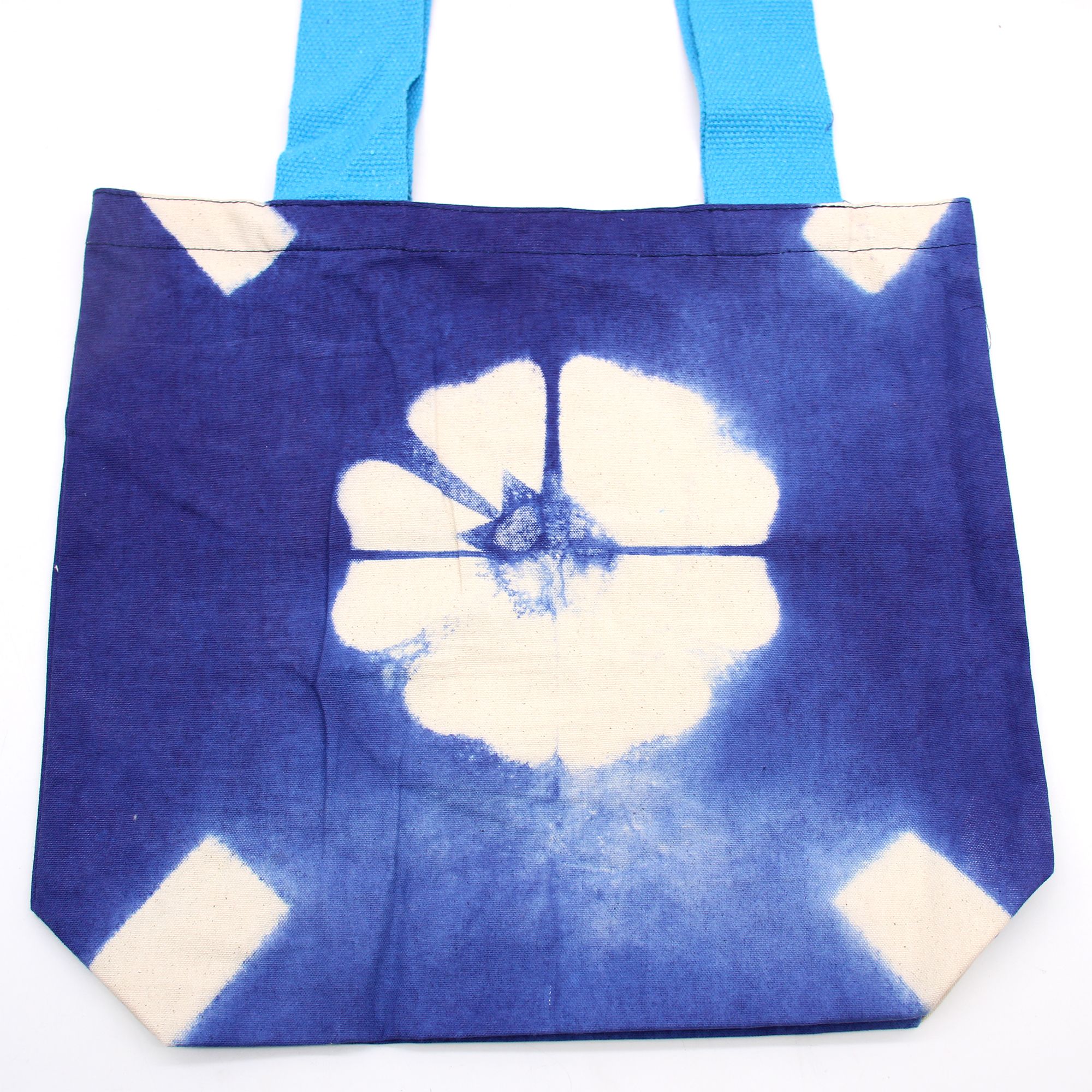 Natural Tye-Dye Cotton Bag (8oz) - 38x42x12cm - Blue Flower - Blue Handle - Image 3