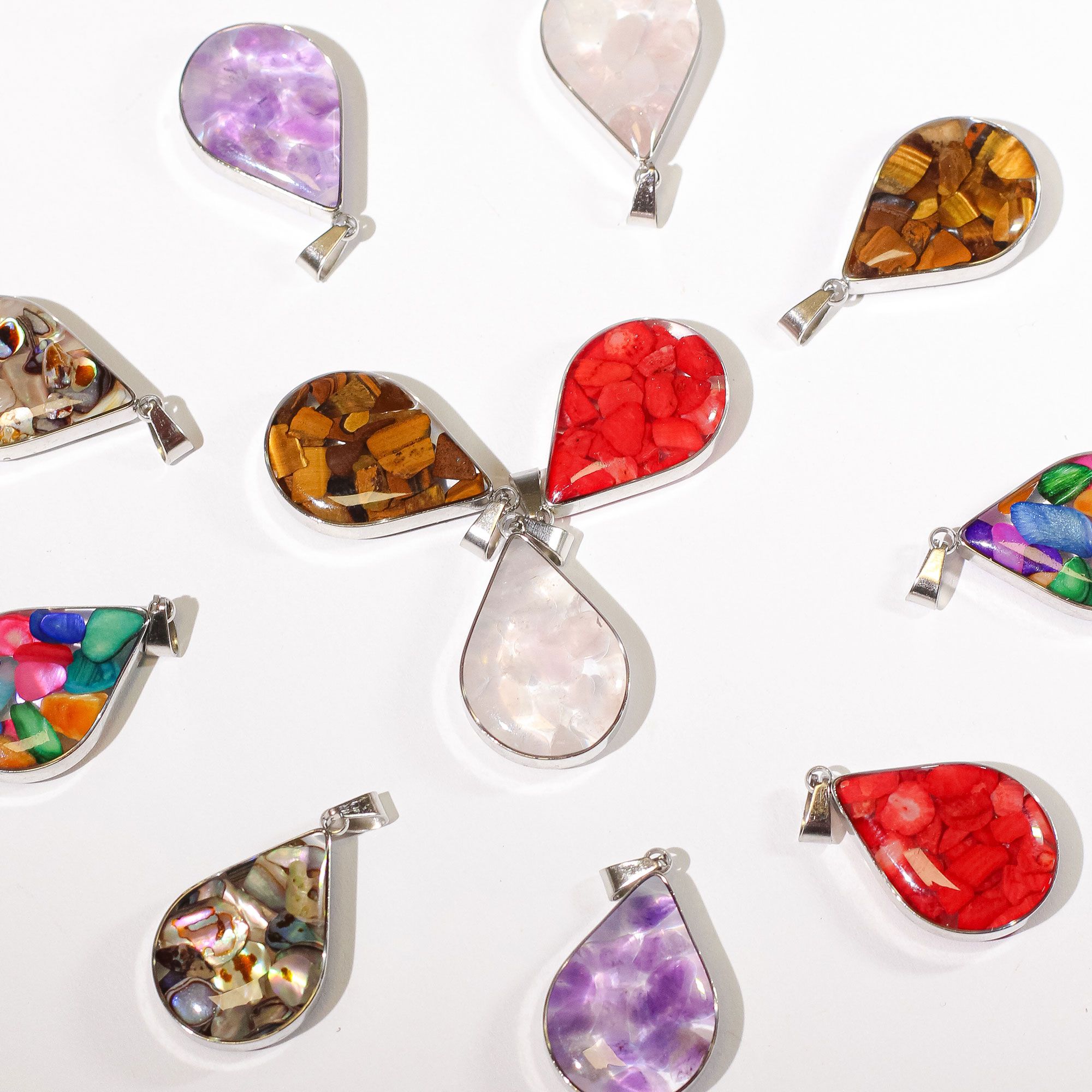 Steel Cased Pendant Teardrops - 12 Assorted Gemstone Chips & Shells - Image 2
