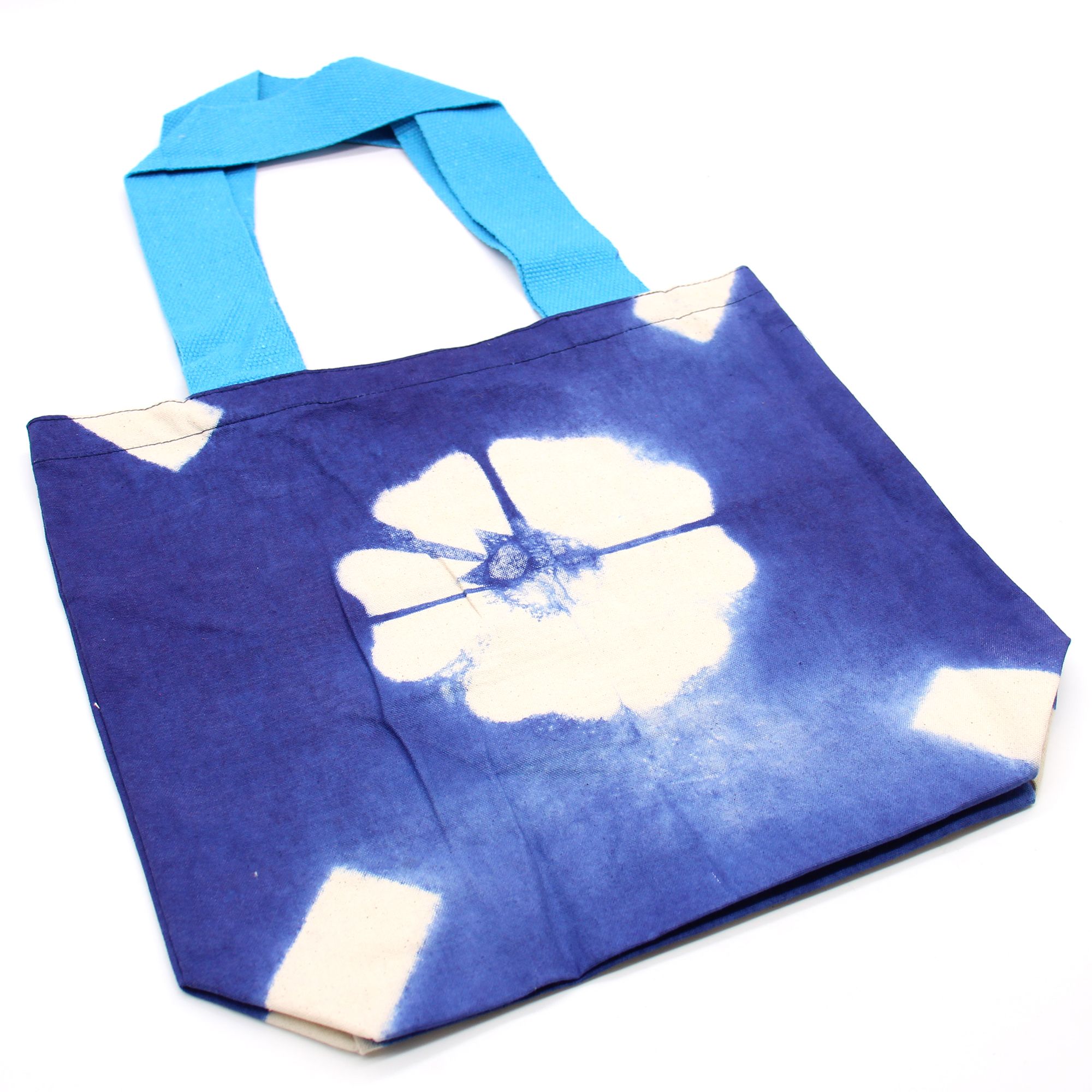 Natural Tye-Dye Cotton Bag (8oz) - 38x42x12cm - Blue Flower - Blue Handle - Image 4