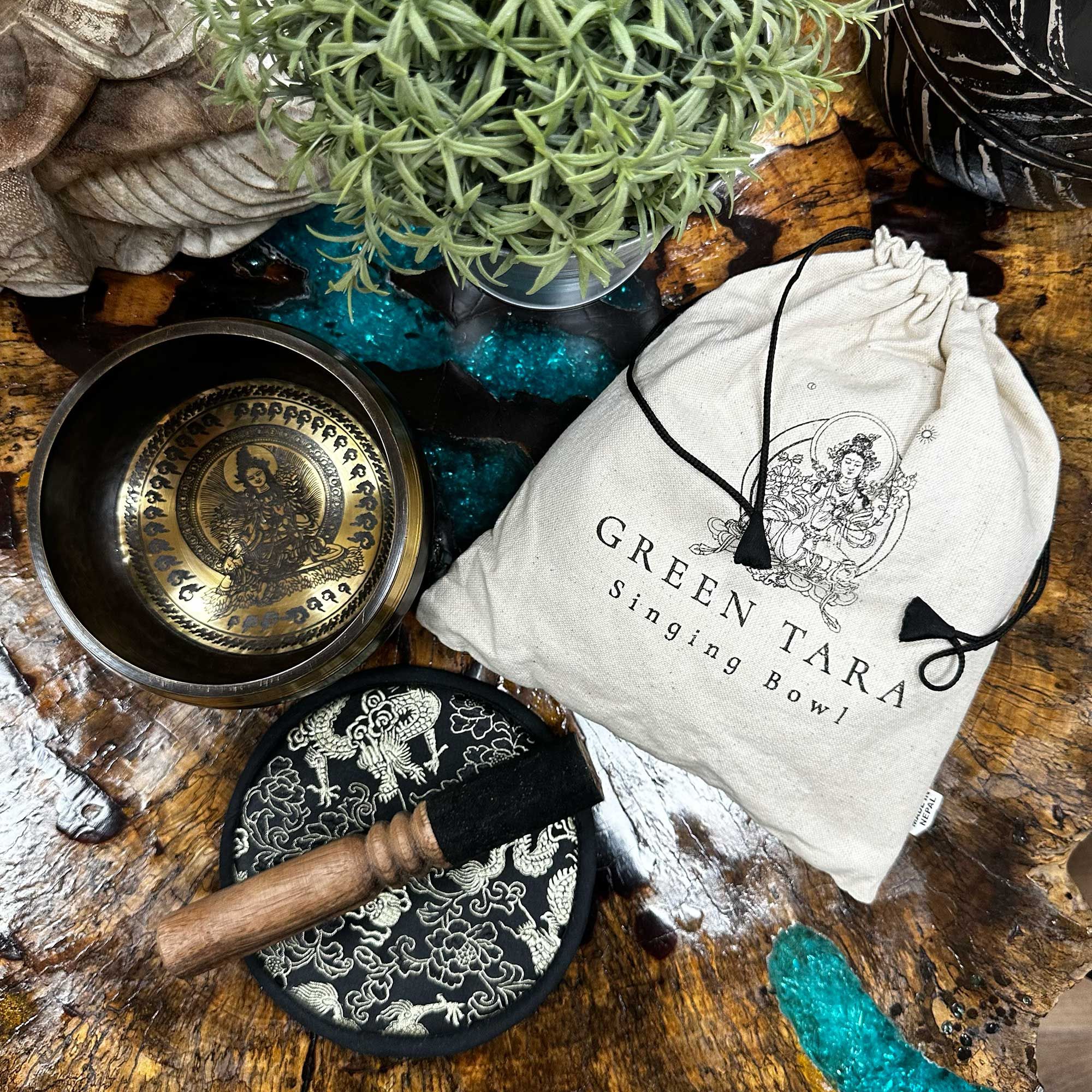 Hand Beaten & Engraved Singing Bowl Gift Set - 14cm - Green Tara - Image 5