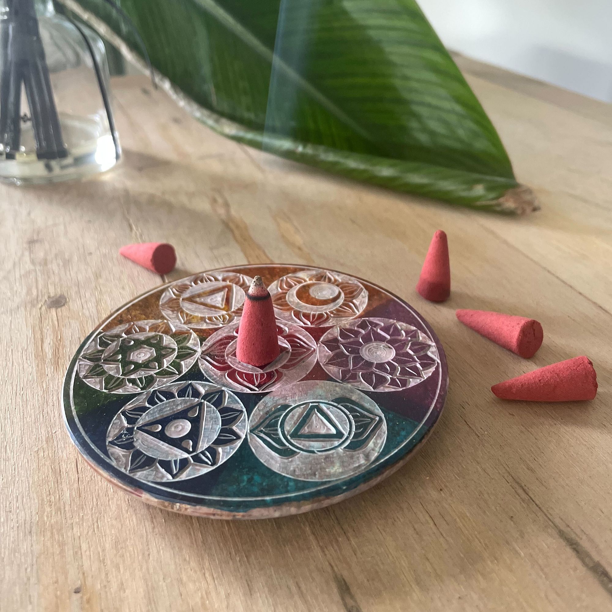 Soapstone Disc Incense Cone Holder 10cm - Seven Chakra - Image 4