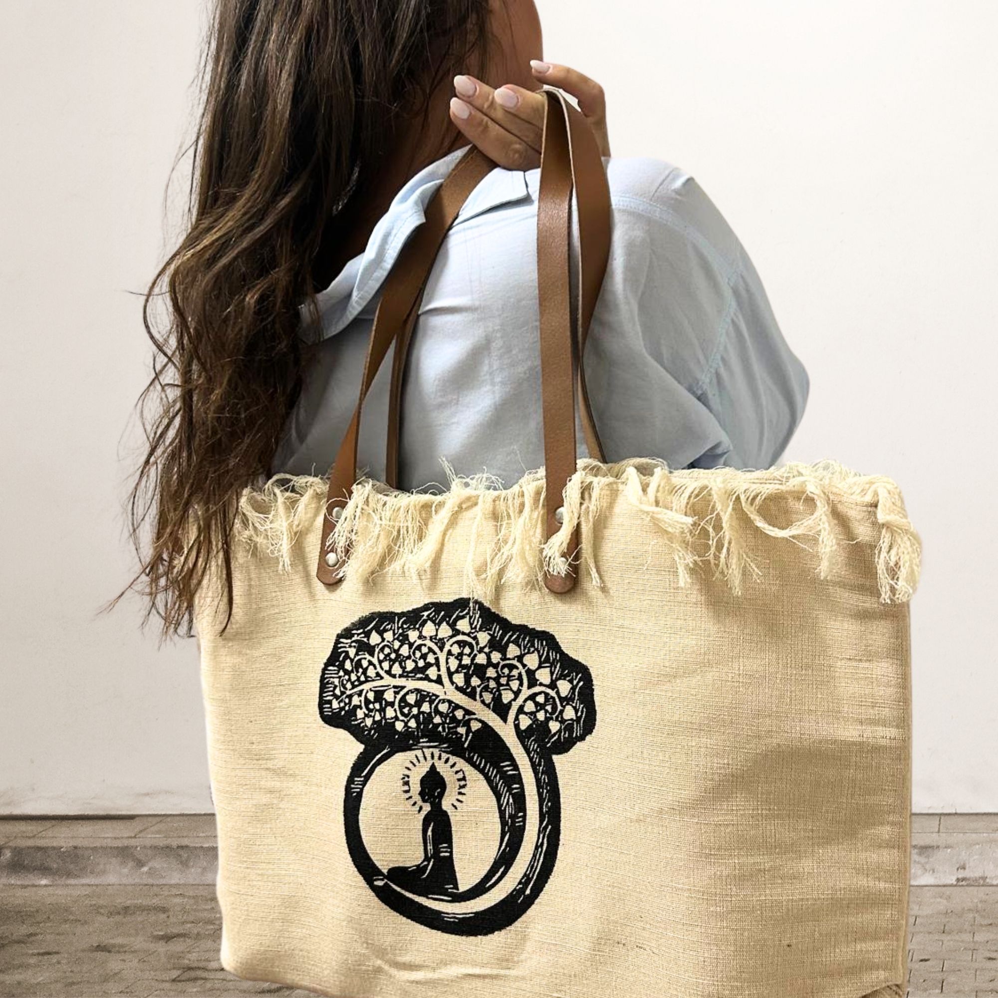 Natural Tote Bag Leather Handle - Buddha - Image 4