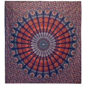 Double Cotton Bedspread + Wall Hanging - Peacock Mandala - Blue
