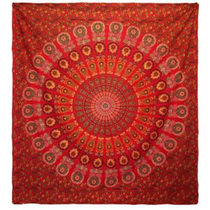 Double Cotton Bedspread + Wall Hanging - Peacock Mandala - Red