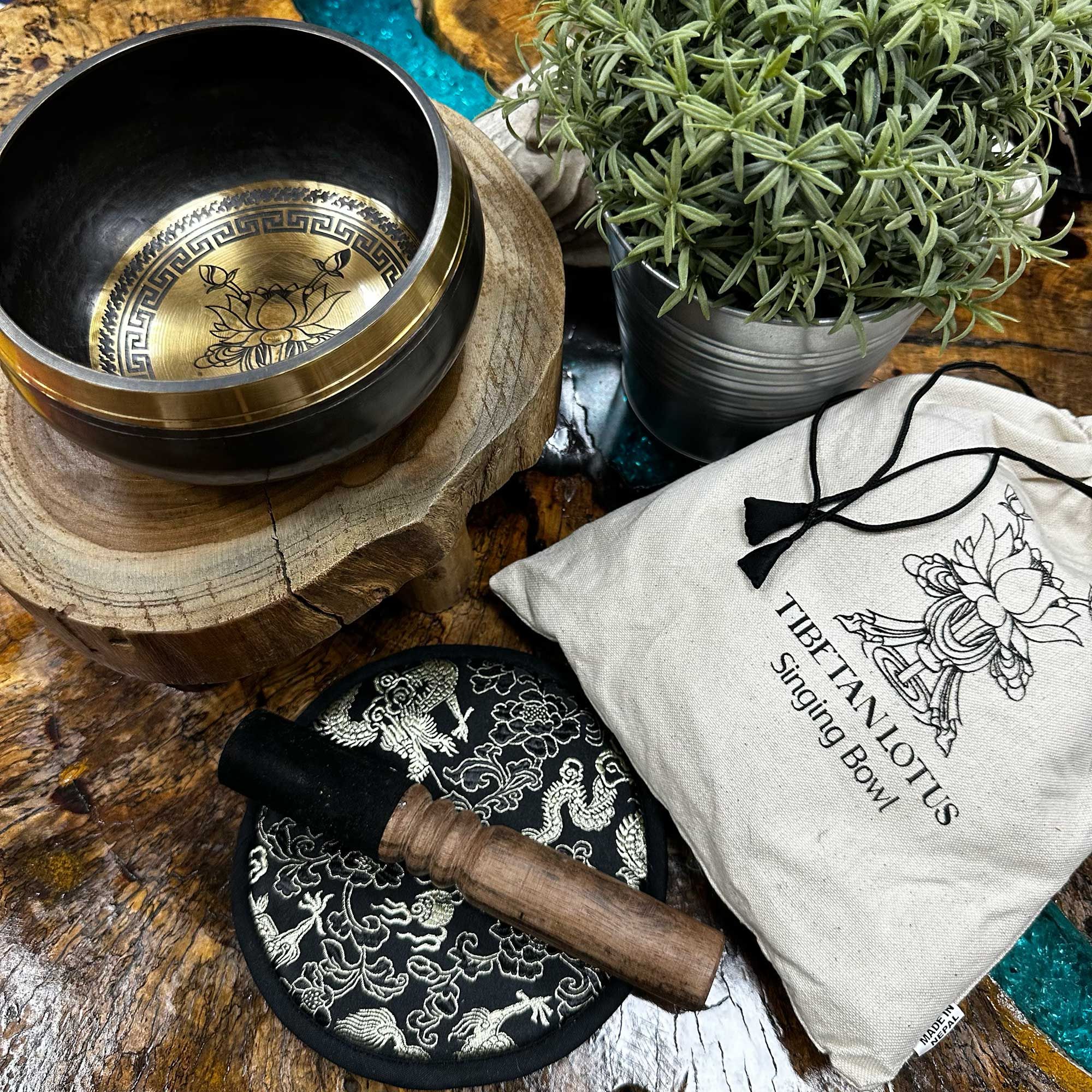 Hand Beaten & Engraved Singing Bowl Gift Set - 14cm - Lotus Flower - Image 2