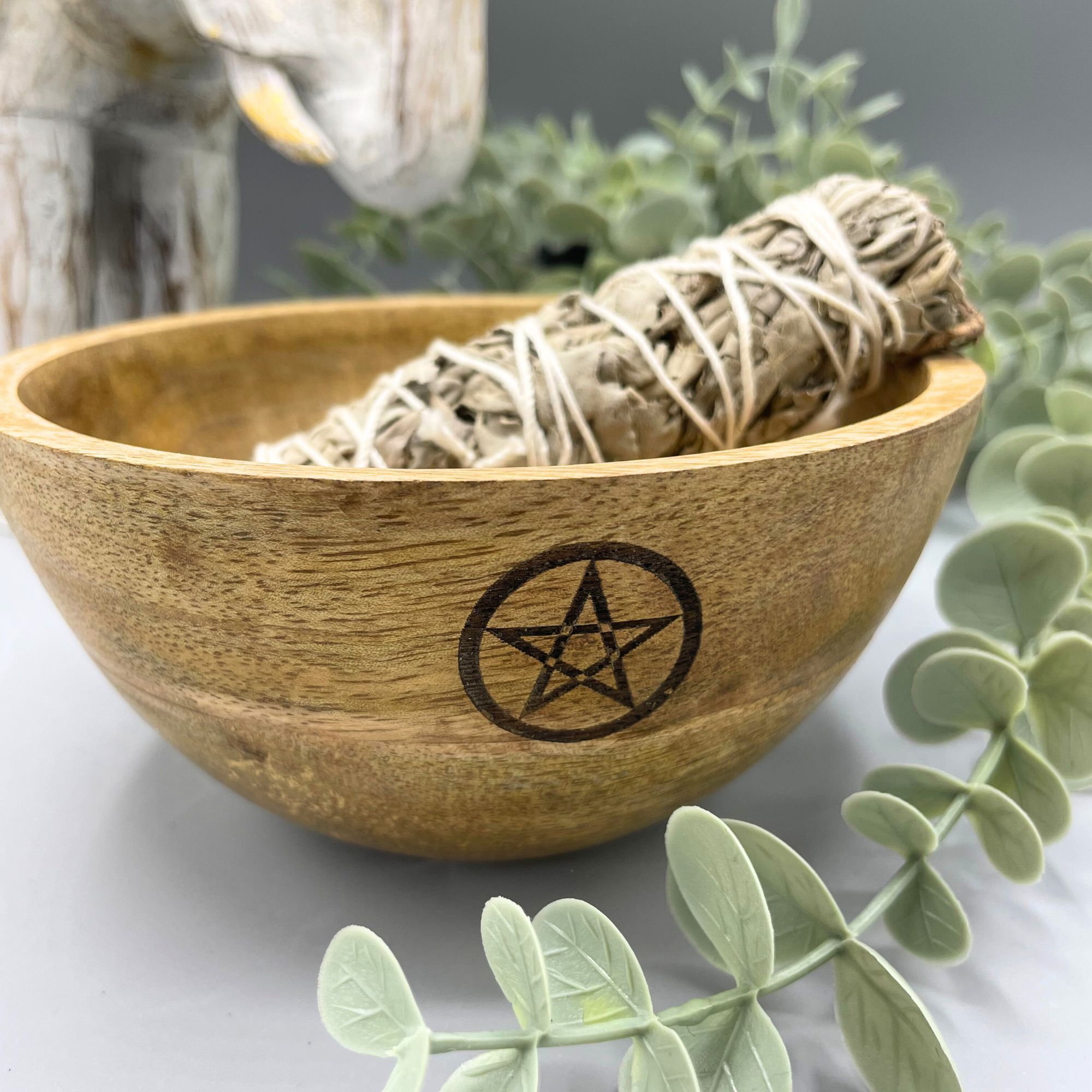 Wooden Smudge and Ritual Offerings Bowl - Pentagram - 13x7cm - Image 2