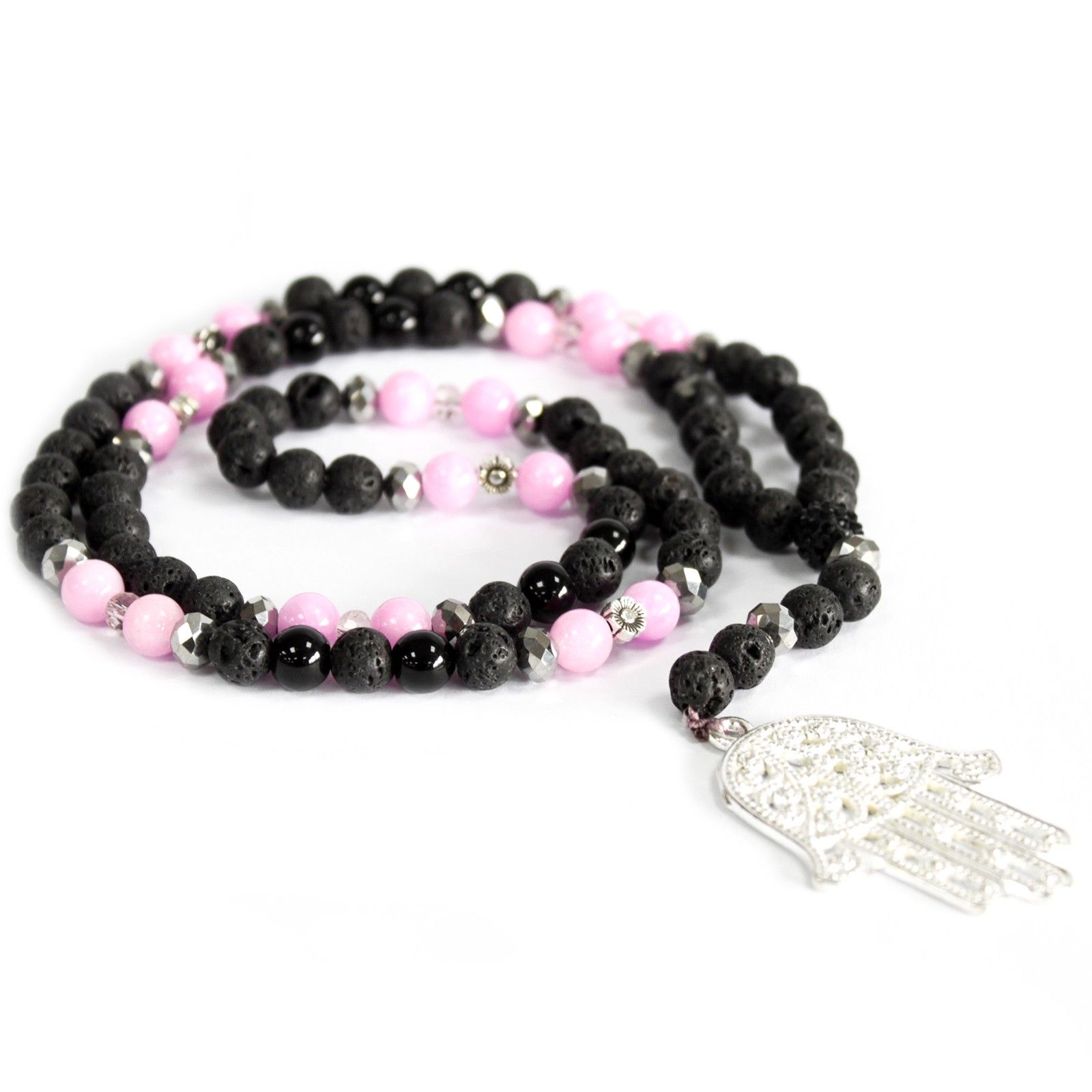 Hamsa / Pink & Black - Gemstone Necklace - Image 3