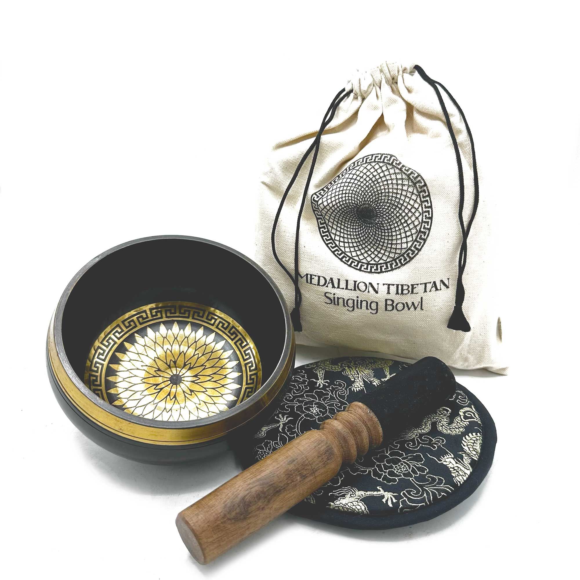 Hand Beaten & Engraved Singing Bowl Gift Set - 14cm - Round Medallions - Image 2