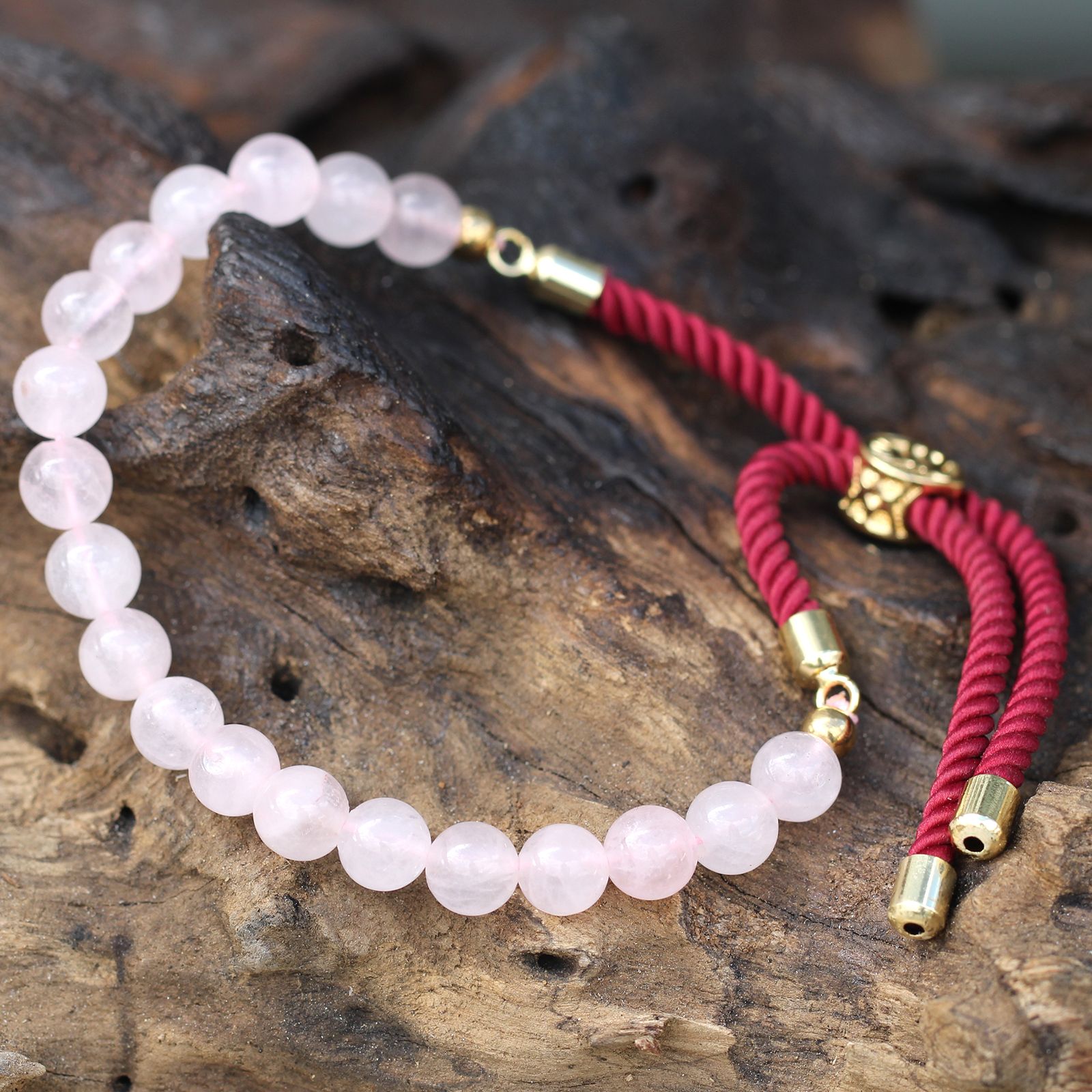 18K Gold Plated Gemstone Bordeaux String Bracelet - Rose Quartz - Image 3