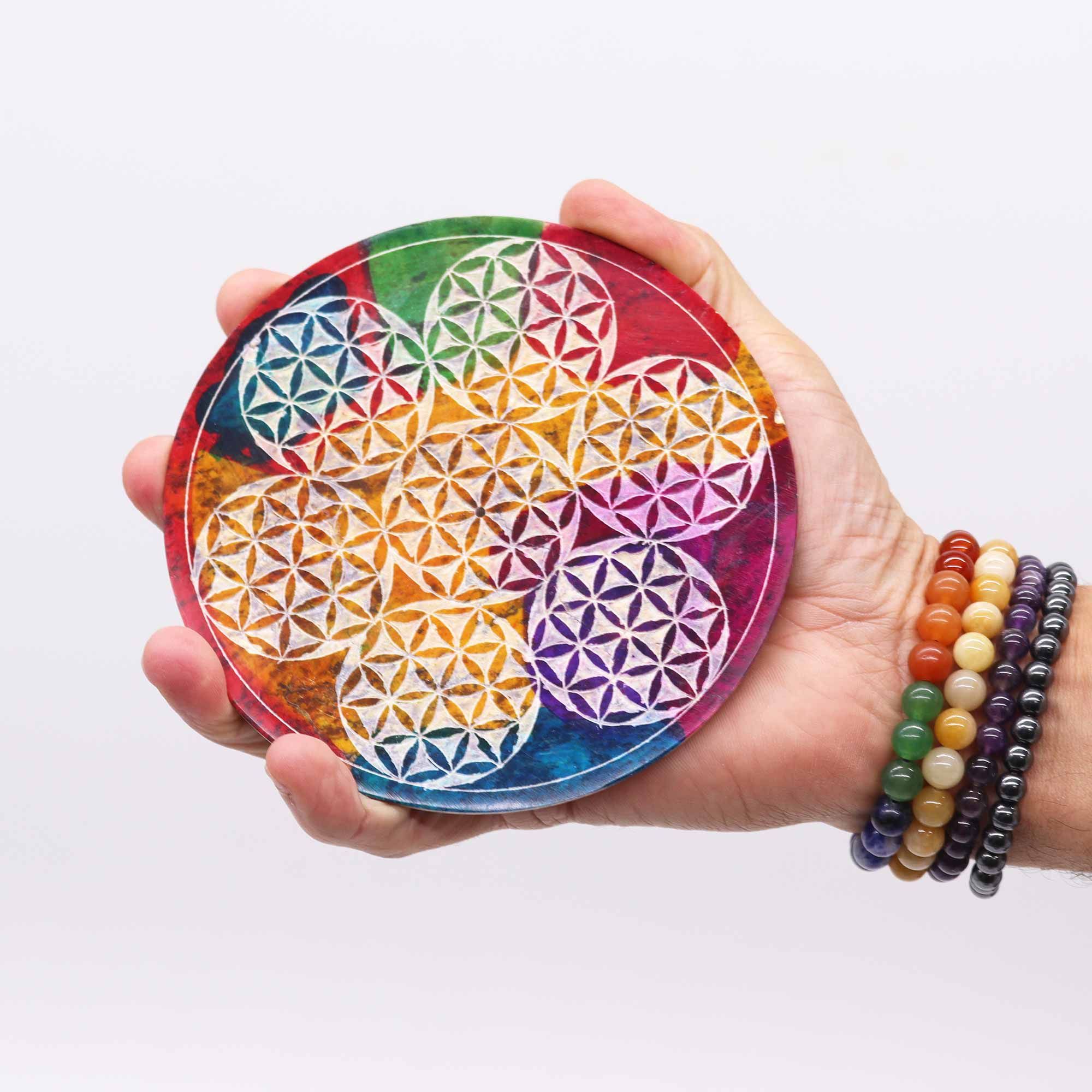 Soapstone Disc Incense Holder - 7 Flower of Life - Image 3