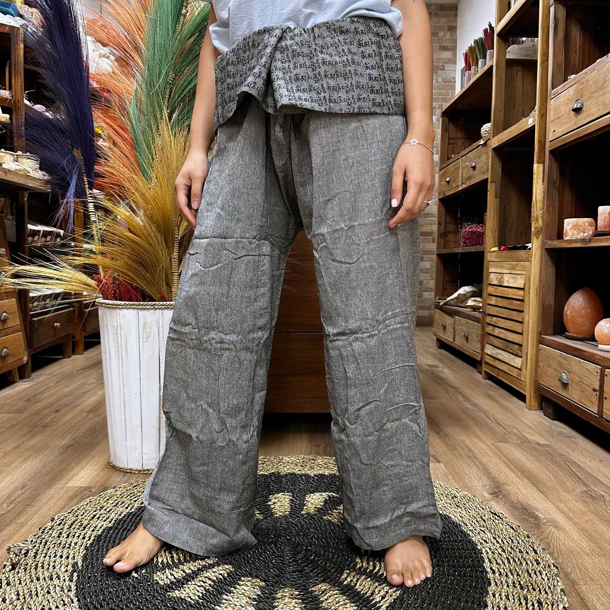 Yoga and Festival Pants - Thai Fisherman Mandala Mantra on Grey - Image 2