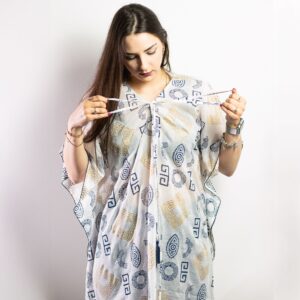 Nomad Sari On the Med Collection - Kaftan - Gold & Blue Greek Motiff - Handpainted