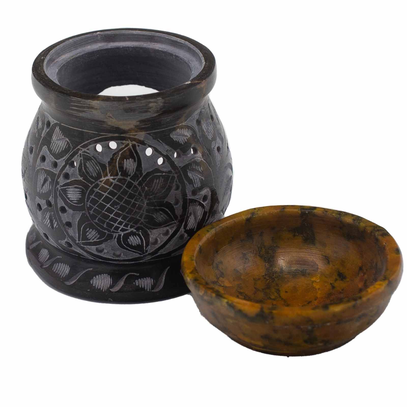 Soapstone Oil Burner 10cm - Mandala Flower - Black & Yellow - Image 2