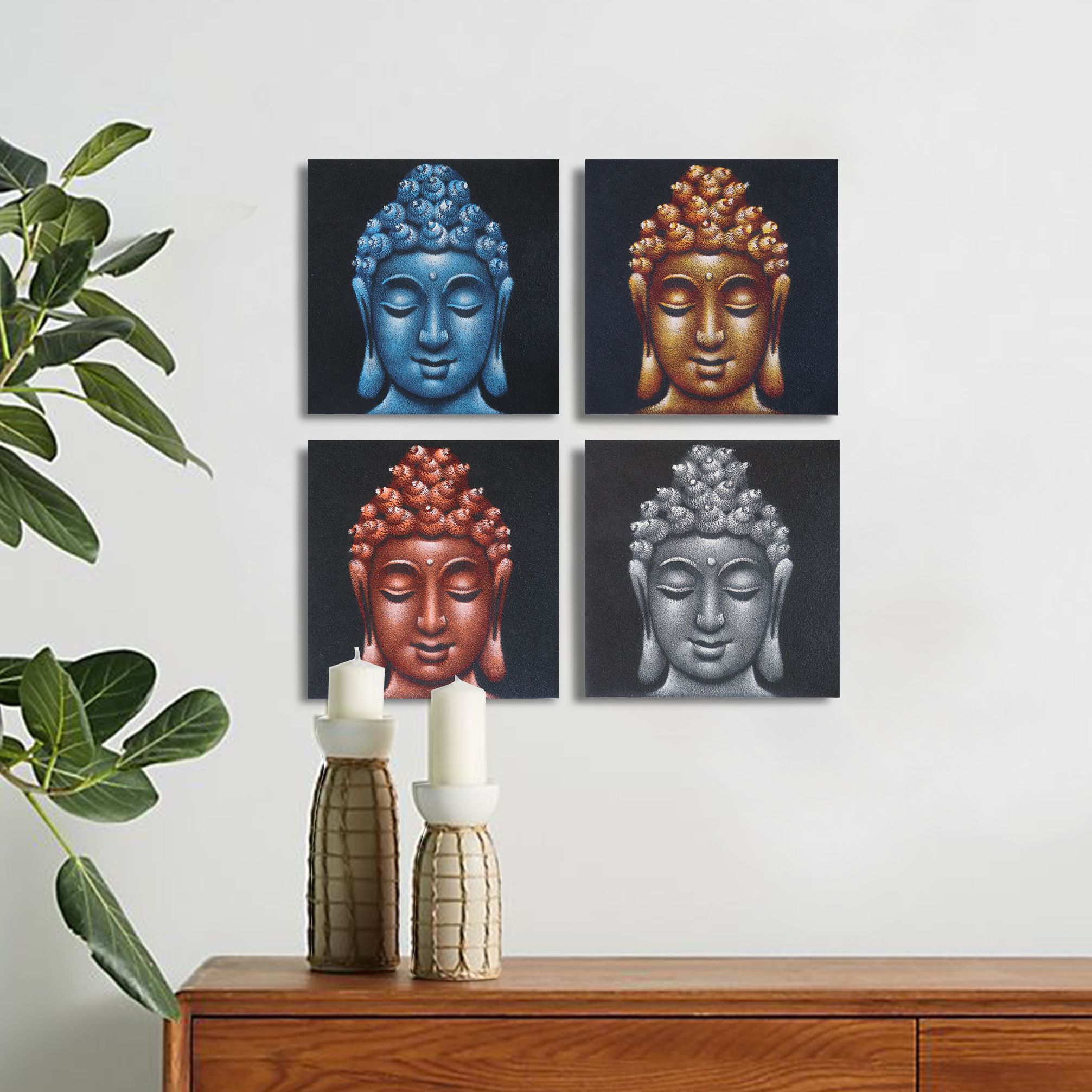 Set of 4 Buddha Heads Sand Detail 30x30cm - Image 2