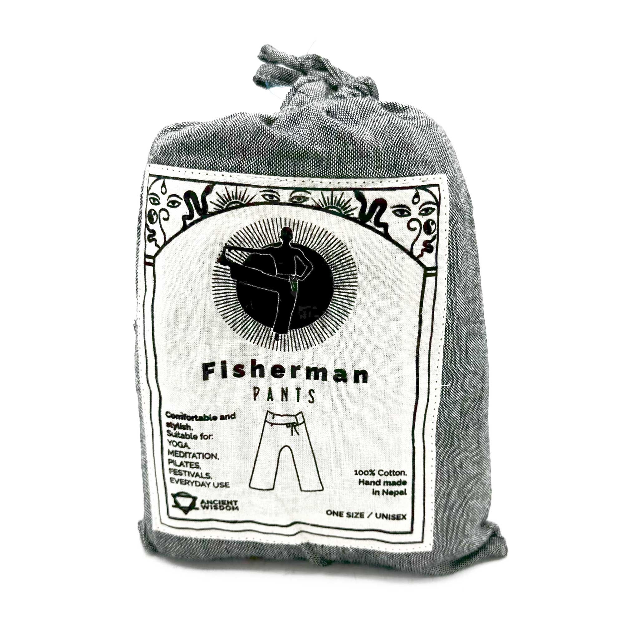 Yoga and Festival Pants - Thai Fisherman Mandala Mantra on Grey - Image 4