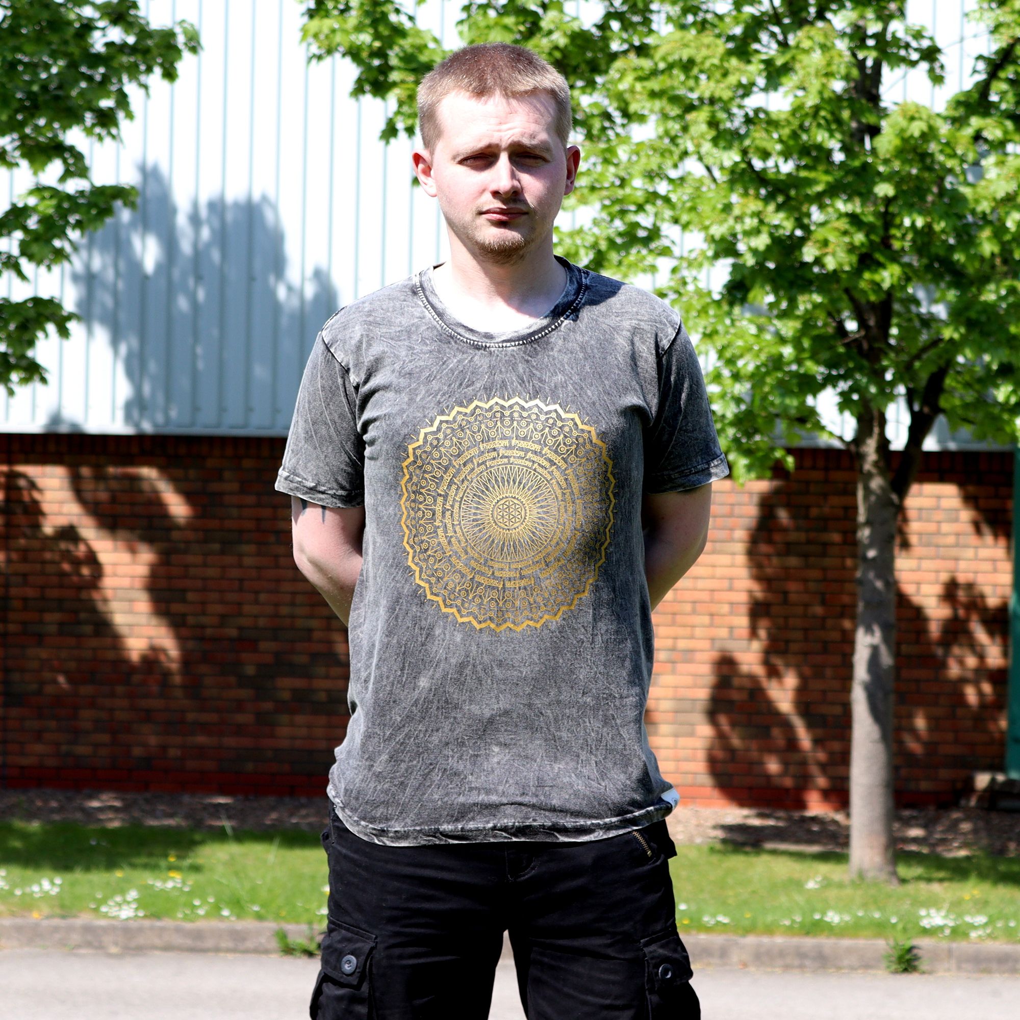 Large Stone Washed T-Shirt - Mandala - Dark Grey - Image 3